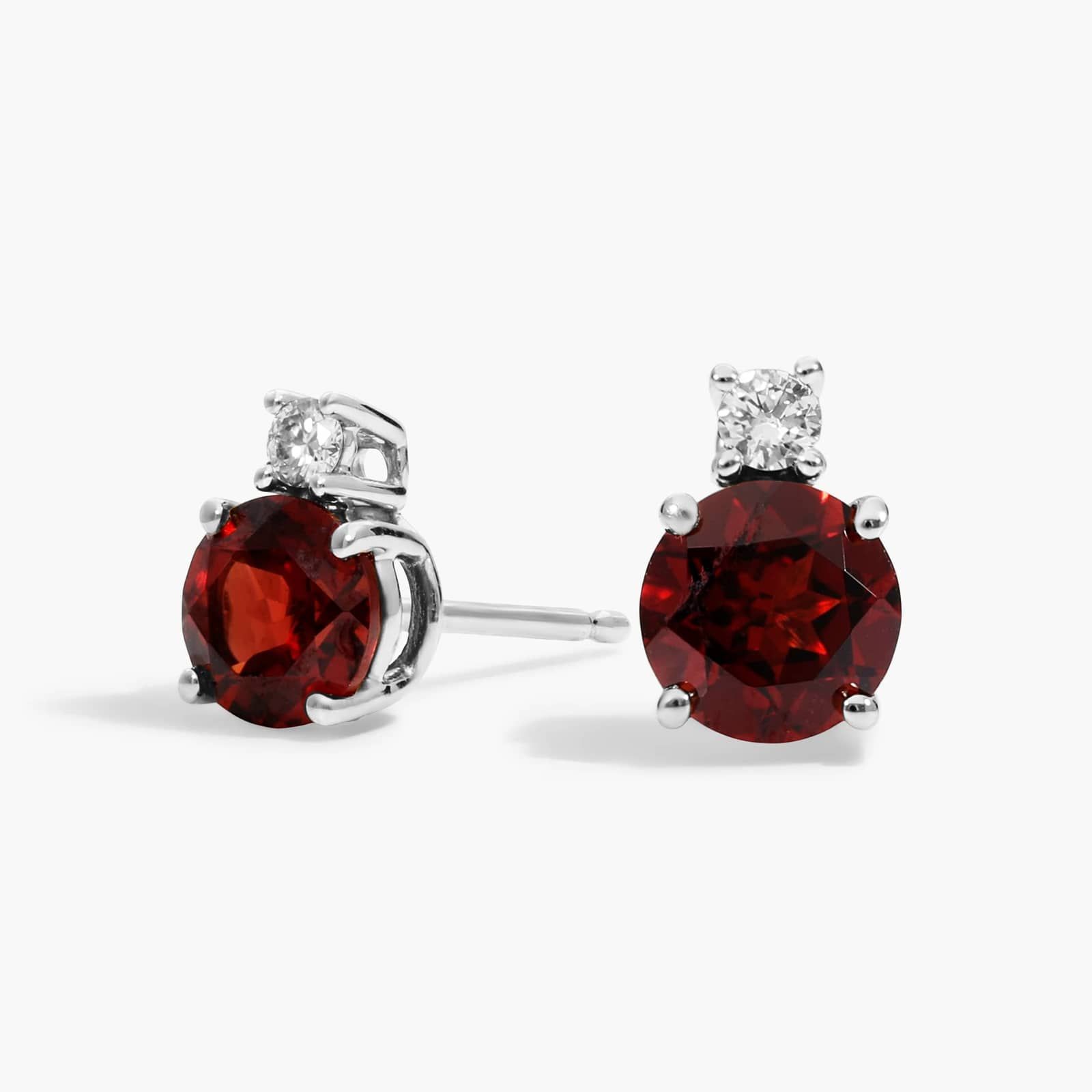 Garnet Stud Earrings with Diamond Accent in 14K White Gold