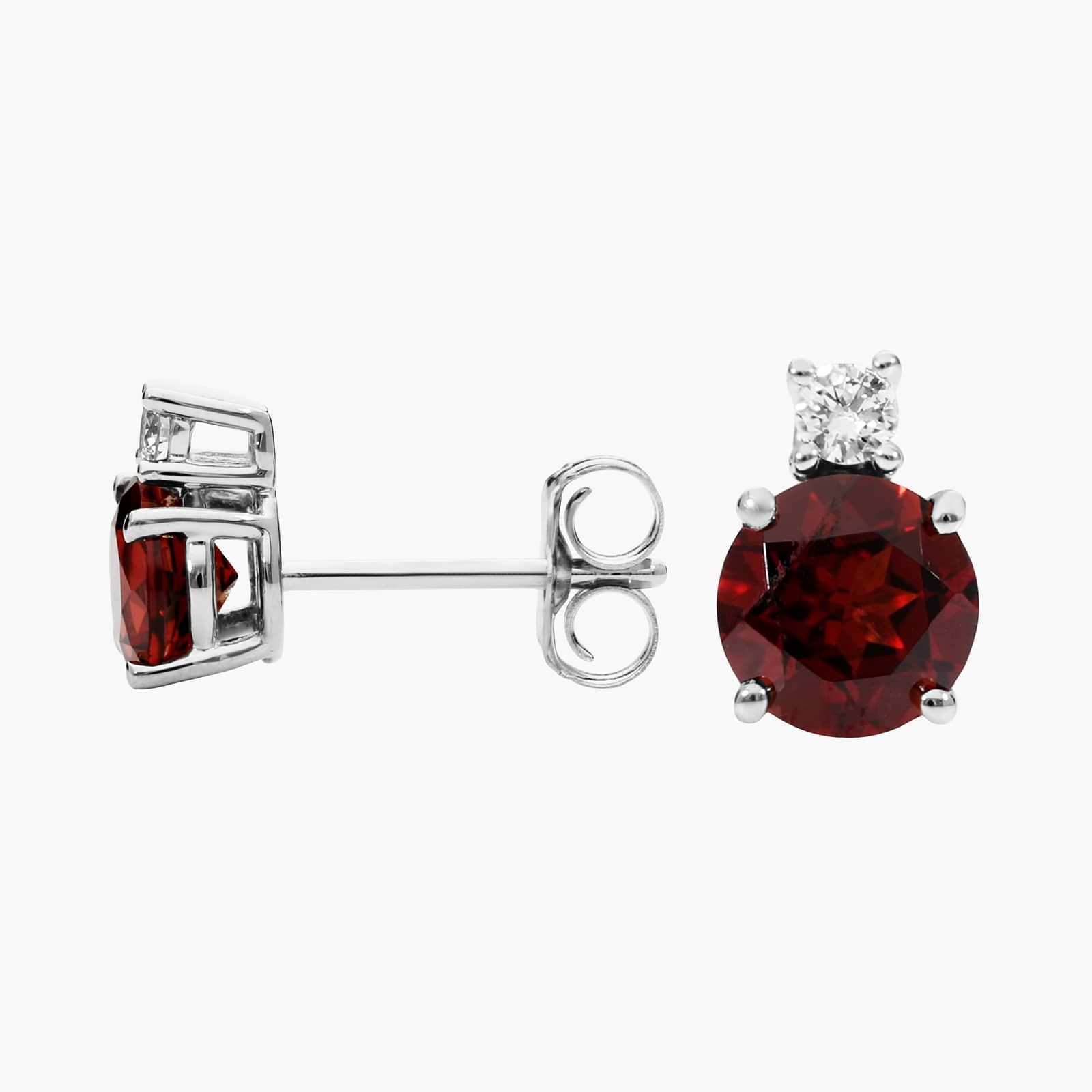 Garnet Stud Earrings with Diamond Accent in 14K White Gold