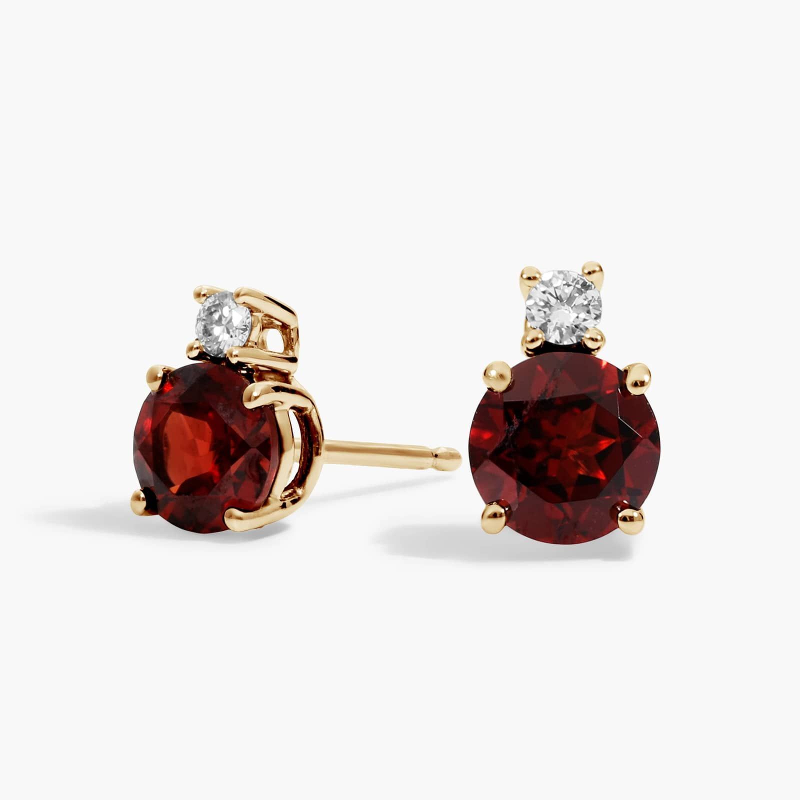 Garnet Stud Earrings with Diamond Accent in 14K Yellow Gold