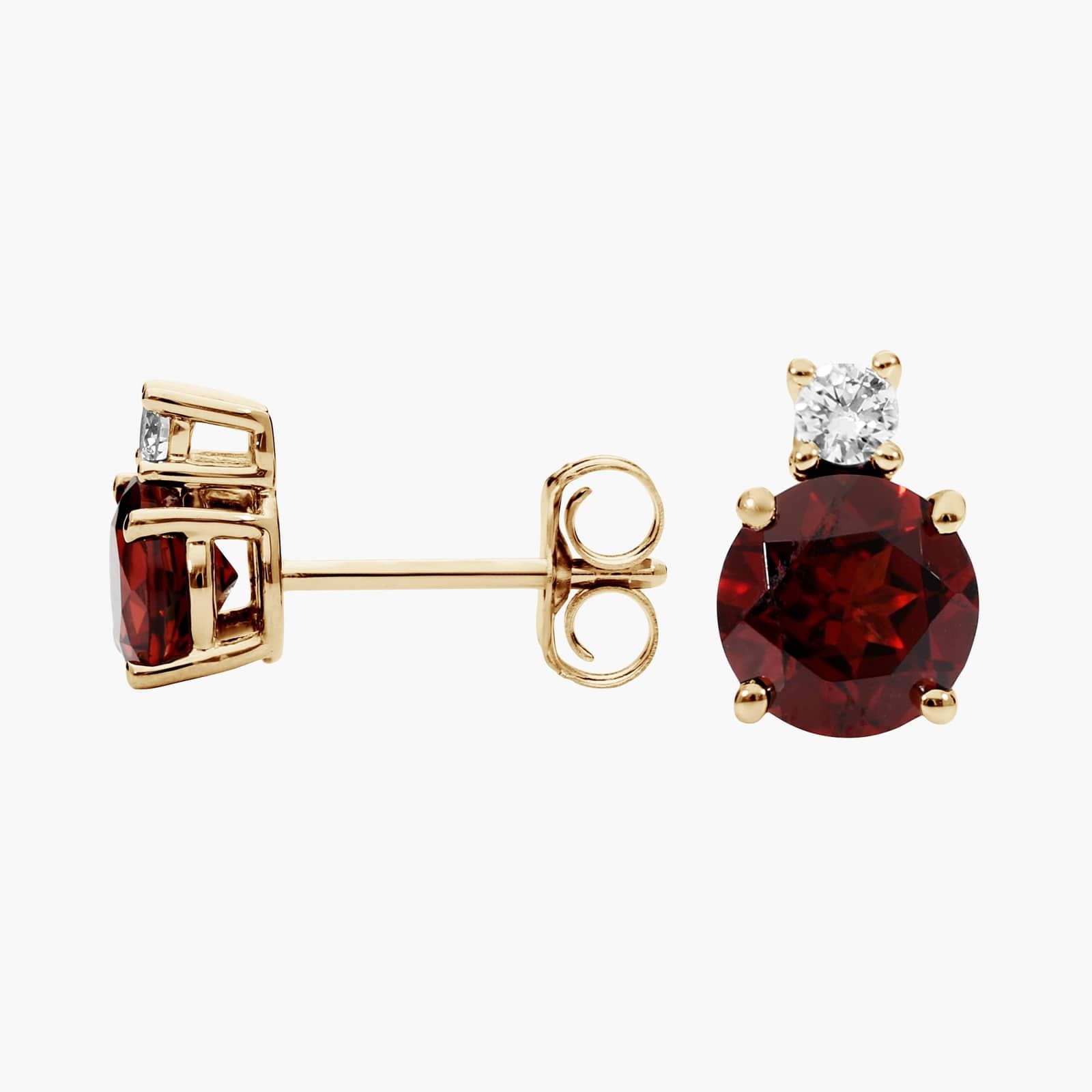 Garnet Stud Earrings with Diamond Accent in 14K Yellow Gold