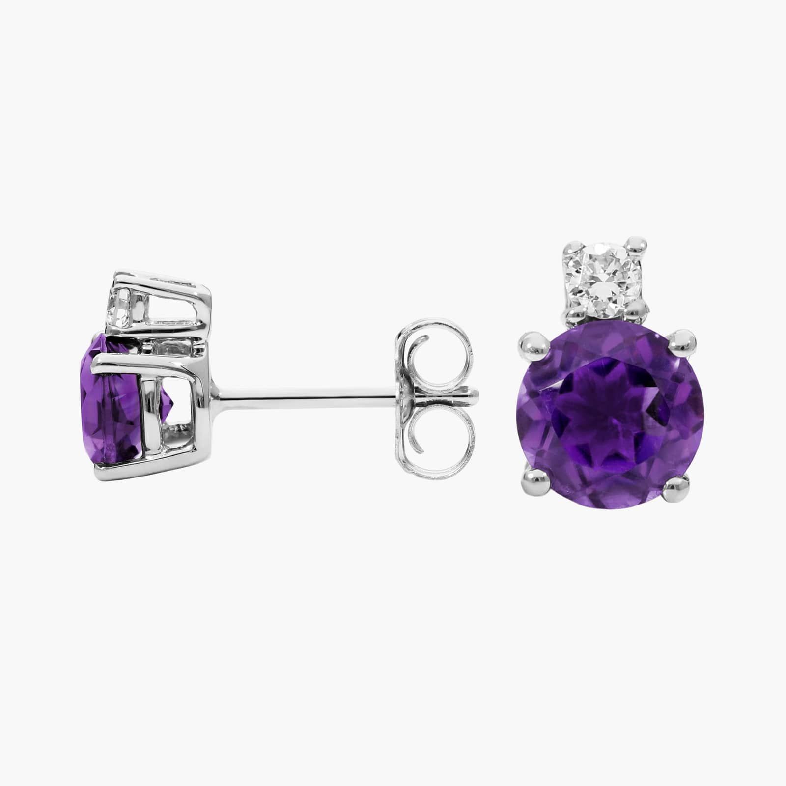 Amethyst Stud Earrings with Diamond Accent in 14K White Gold