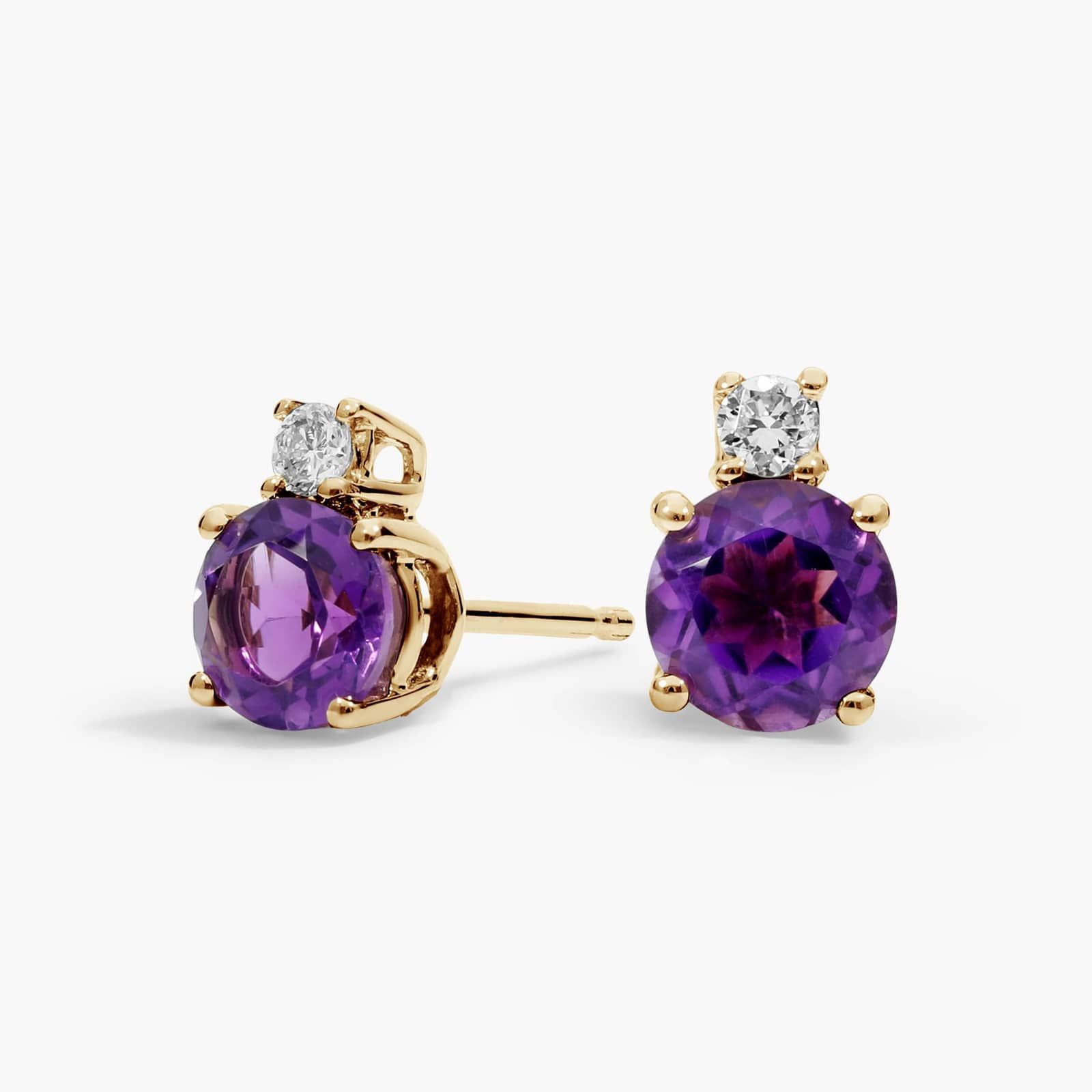 Amethyst Stud Earrings with Diamond Accent in 14K Yellow Gold