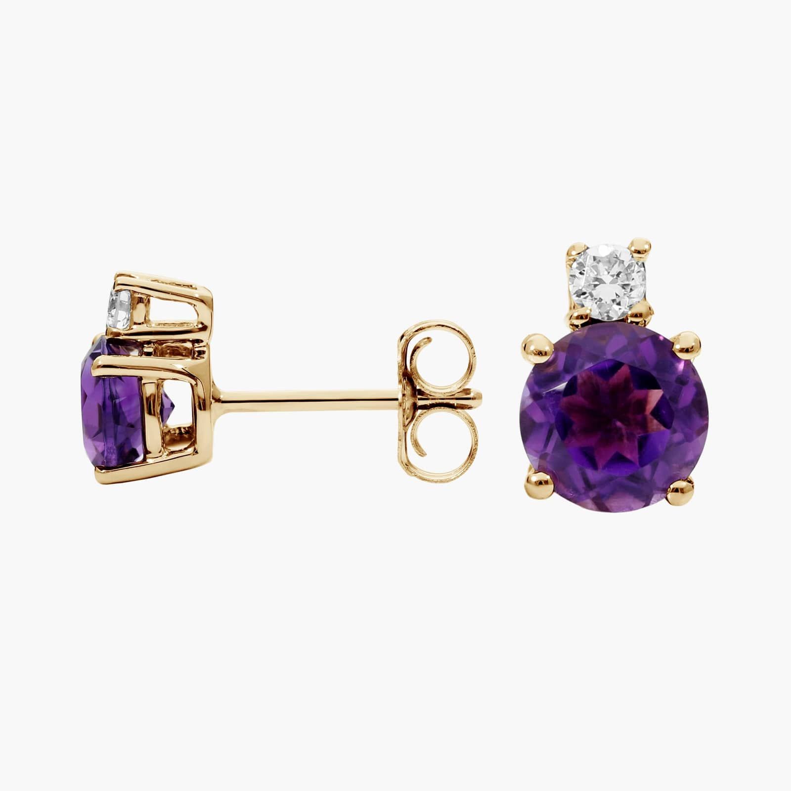 Amethyst Stud Earrings with Diamond Accent in 14K Yellow Gold