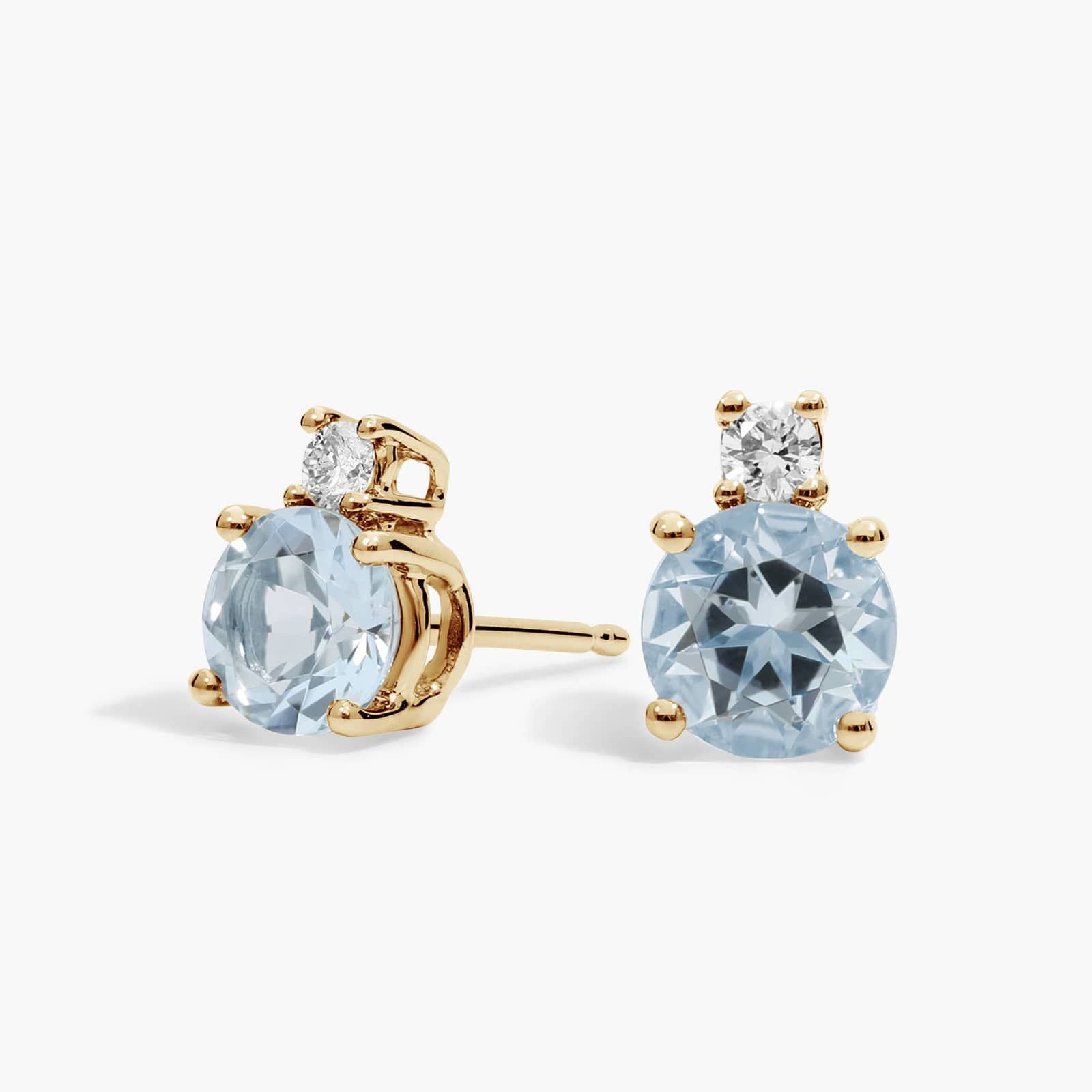 Aquamarine Stud Earrings with Diamond Accent in 14K Yellow Gold