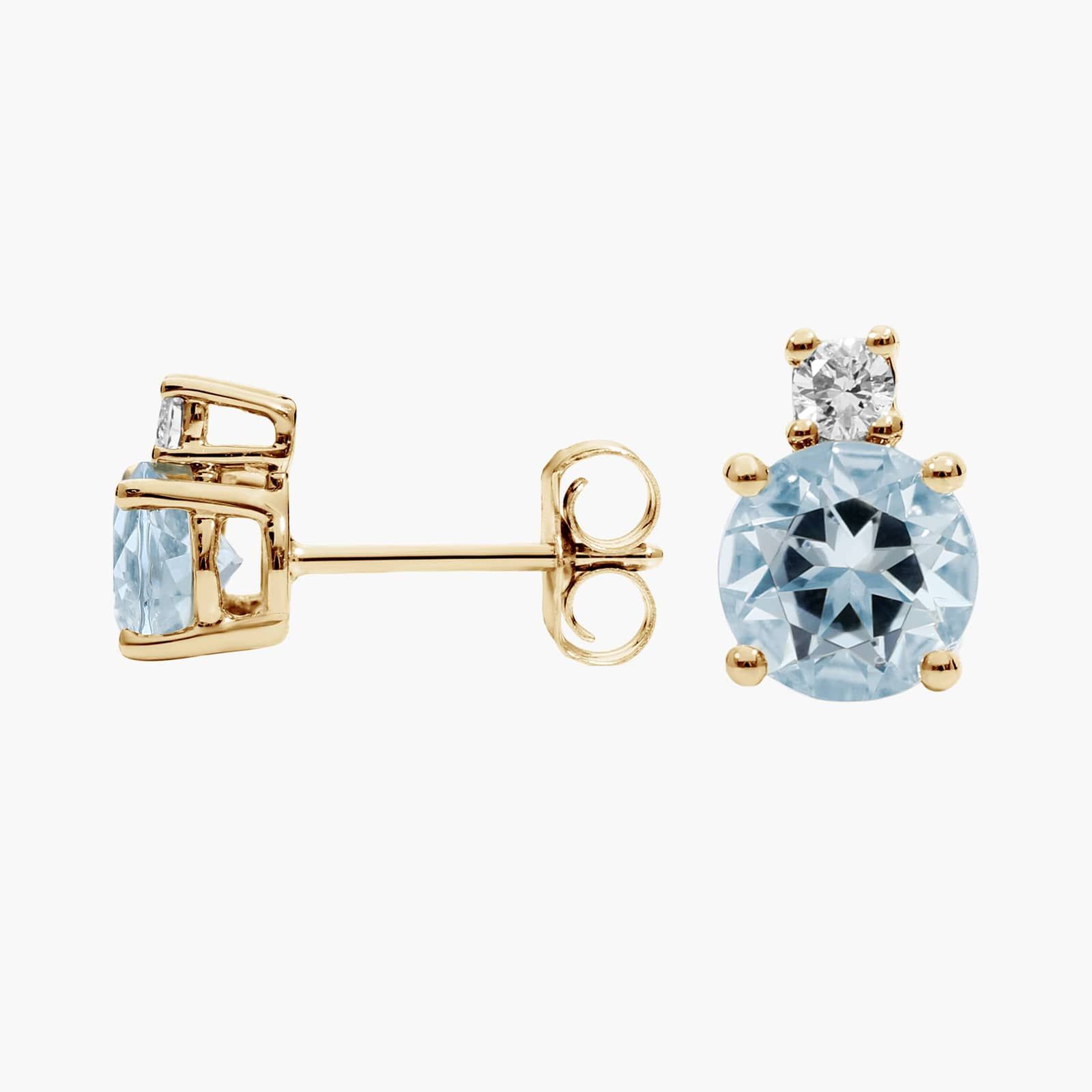 Aquamarine Stud Earrings with Diamond Accent in 14K Yellow Gold