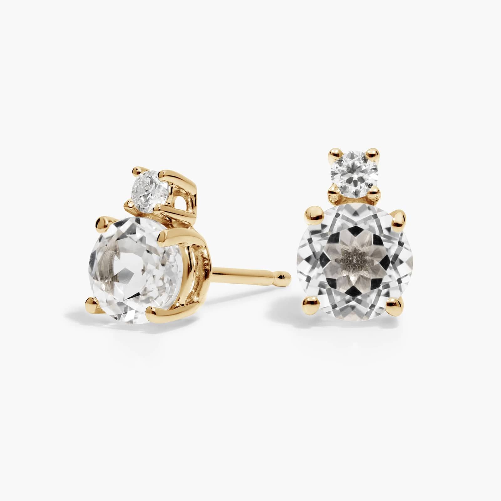 White Topaz Stud Earrings with Diamond Accent in 14K Yellow Gold