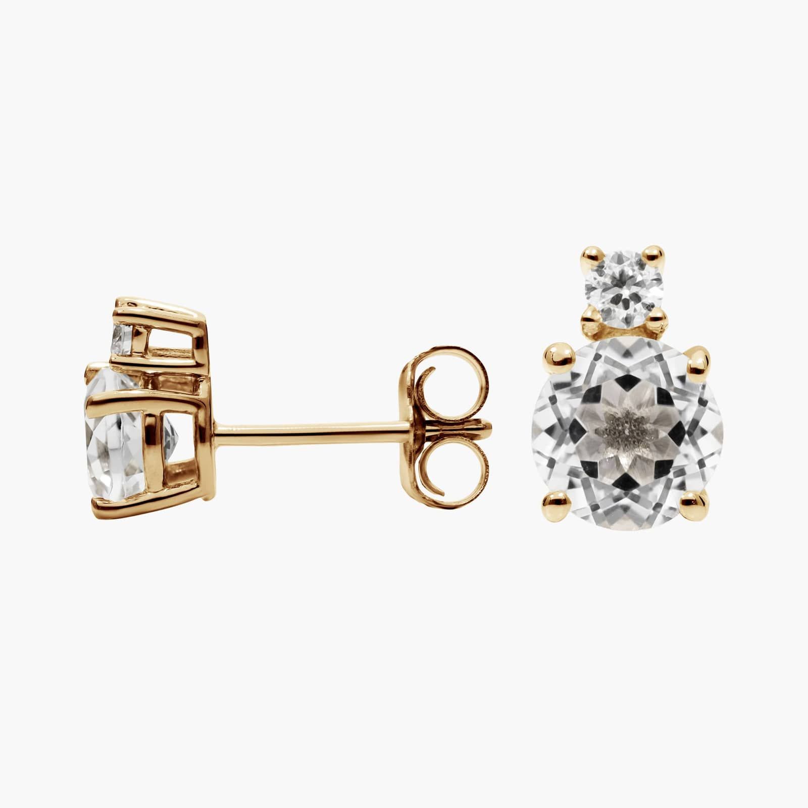 White Topaz Stud Earrings with Diamond Accent in 14K Yellow Gold