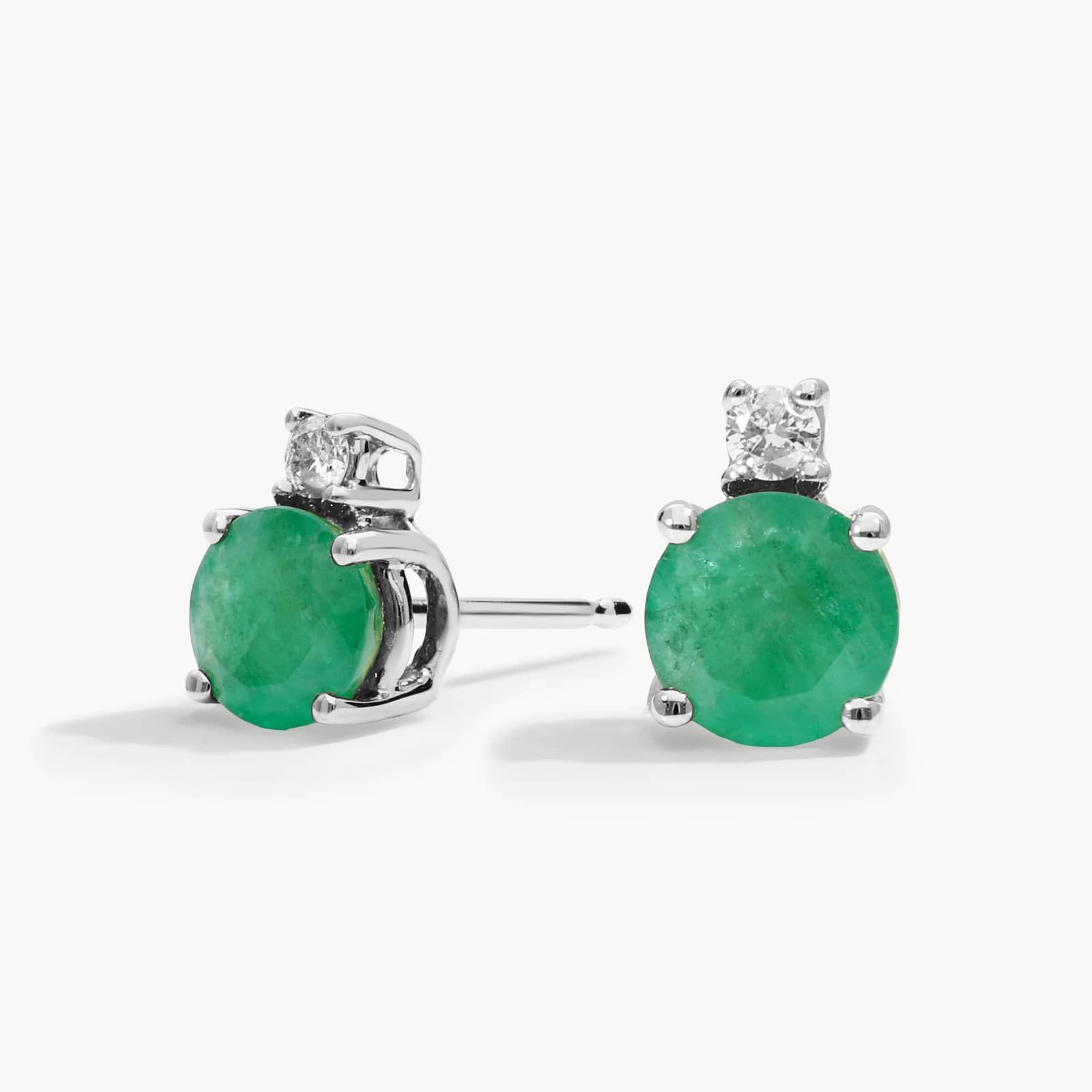 Emerald Stud Earrings with Diamond Accent in 14K White Gold