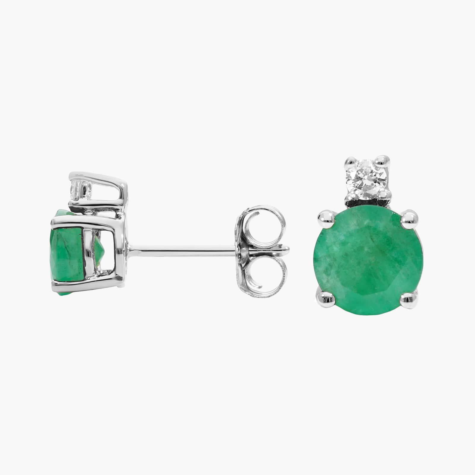 Emerald Stud Earrings with Diamond Accent in 14K White Gold