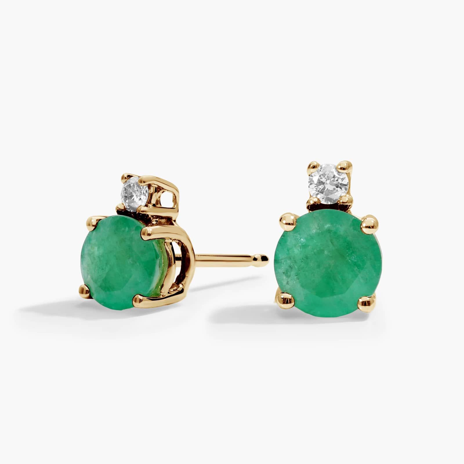 Emerald Stud Earrings with Diamond Accent in 14K Yellow Gold