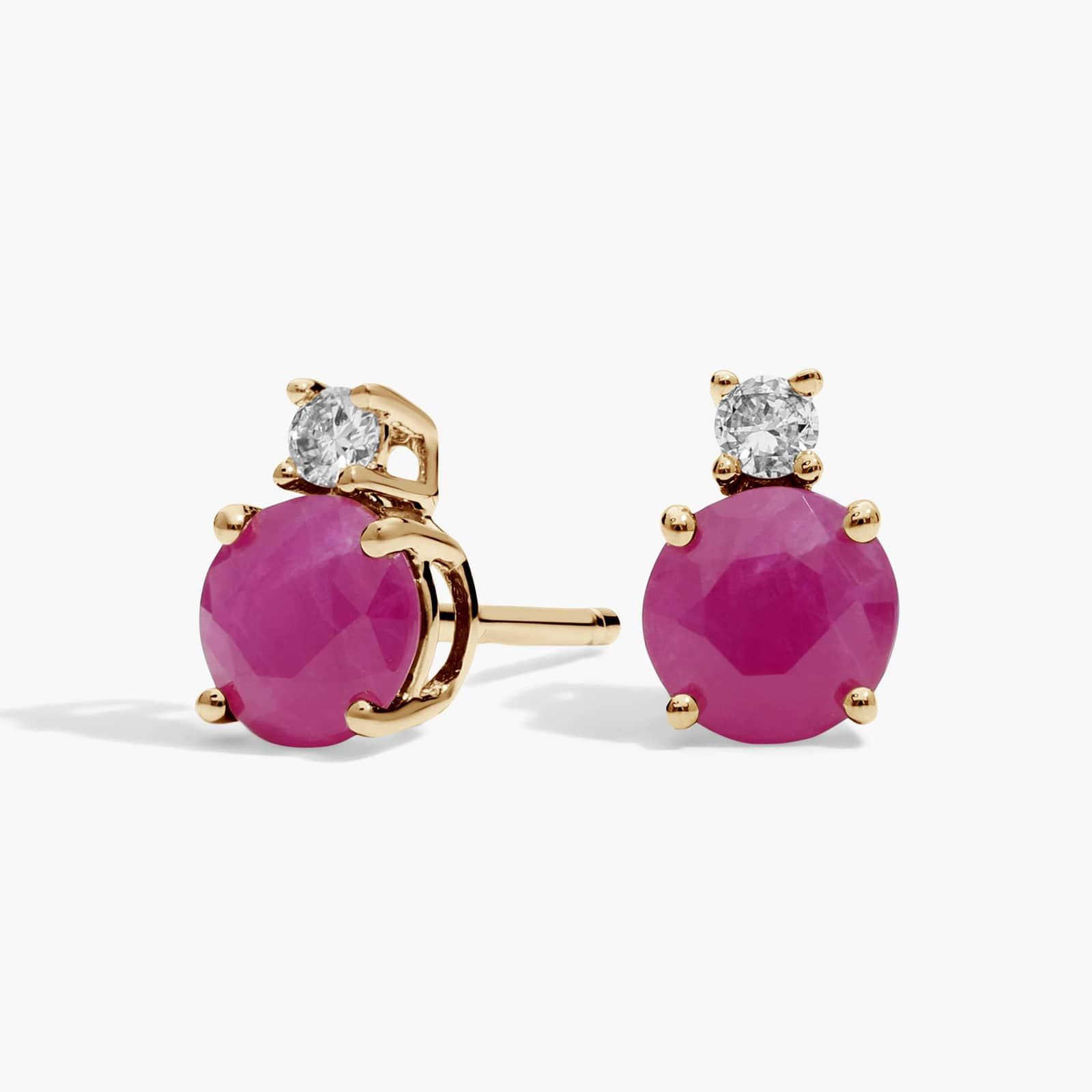 Ruby Stud Earrings with Diamond Accent in 14K Yellow Gold
