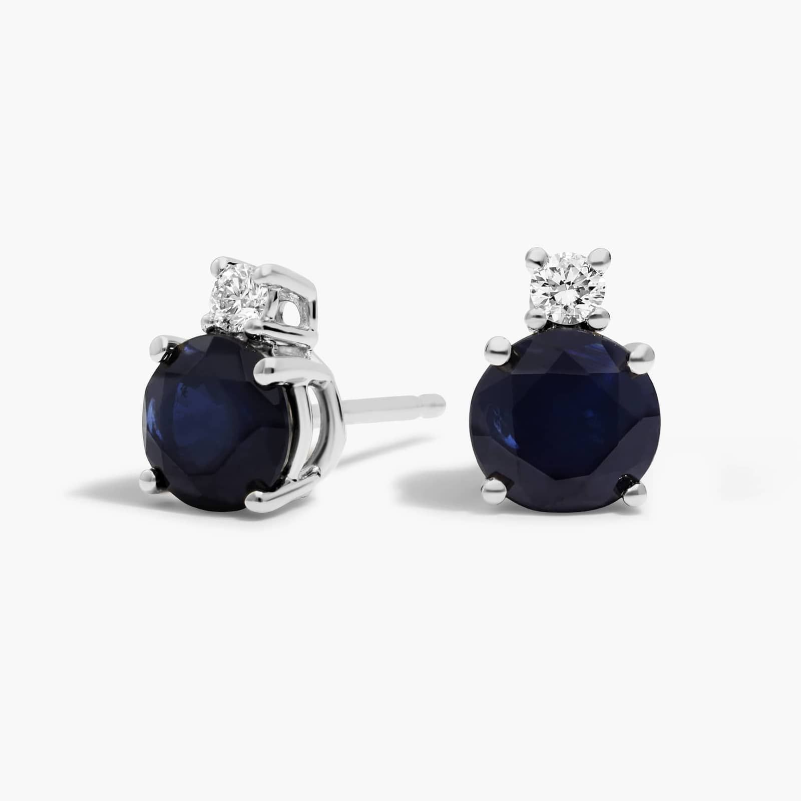 Blue Sapphire Stud Earrings with Diamond Accent in 14K White Gold