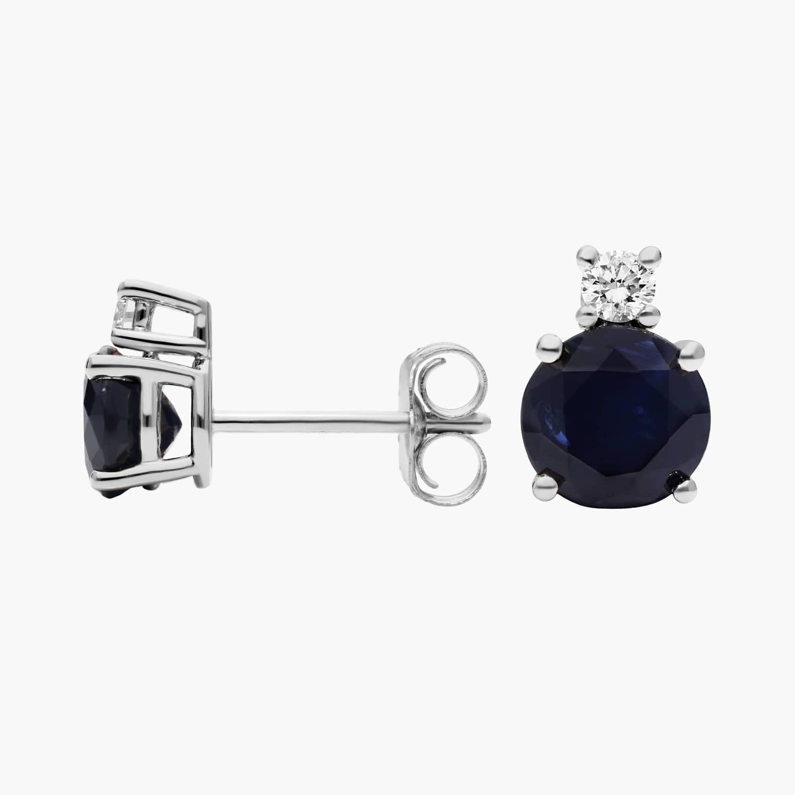 Blue Sapphire Stud Earrings with Diamond Accent in 14K White Gold