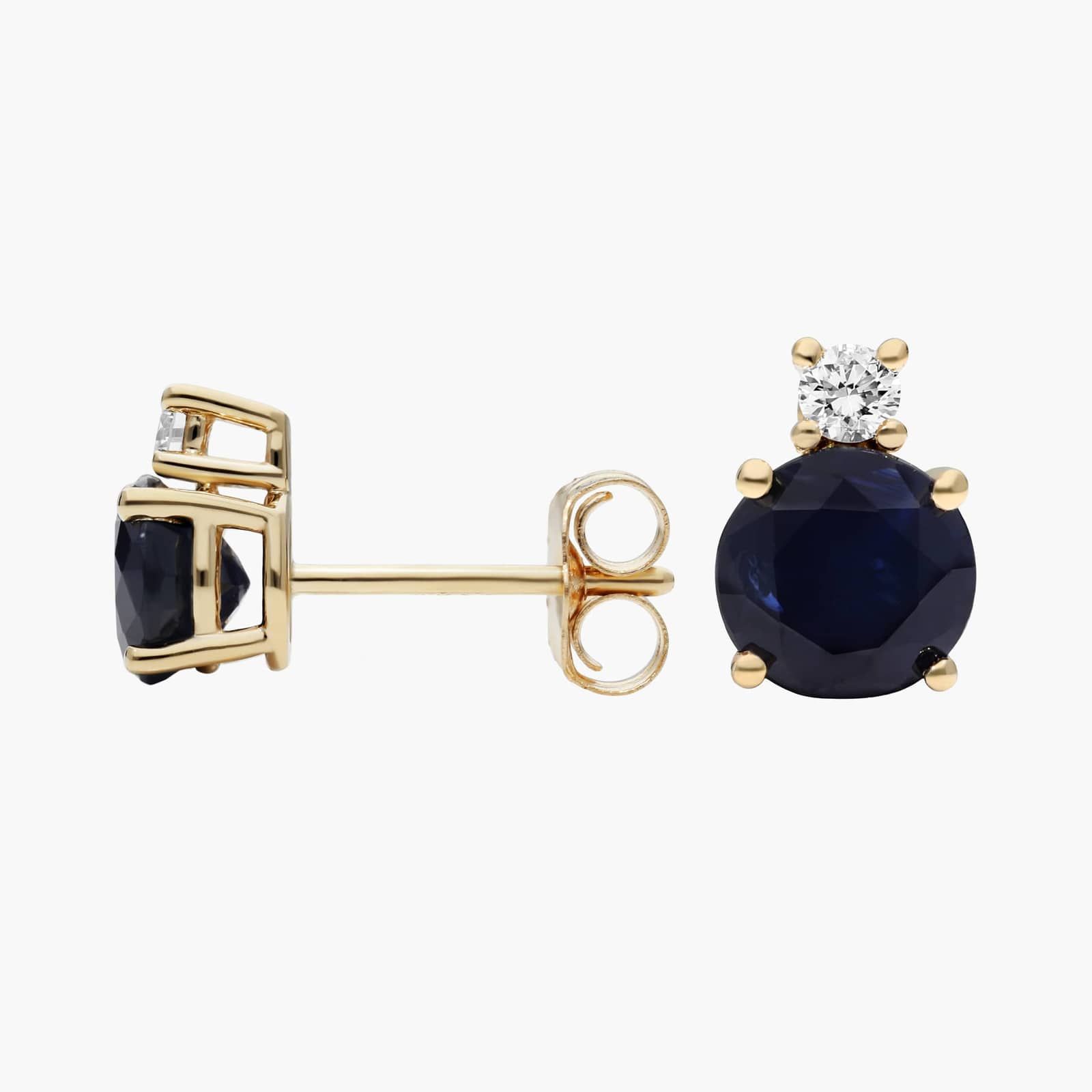 Blue Sapphire Stud Earrings with Diamond Accent in 14K Yellow Gold
