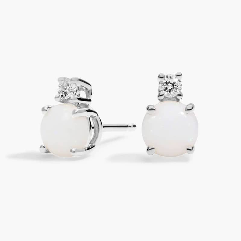 Opal Stud Earrings with Diamond Accent in 14K White Gold