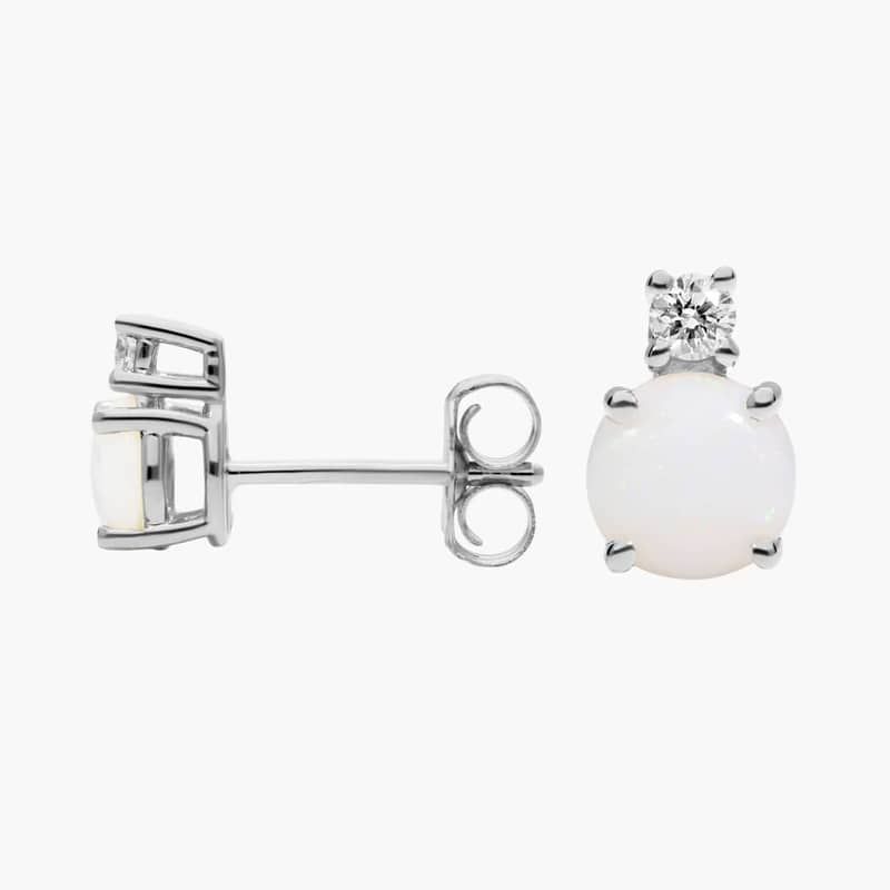 Opal Stud Earrings with Diamond Accent in 14K White Gold