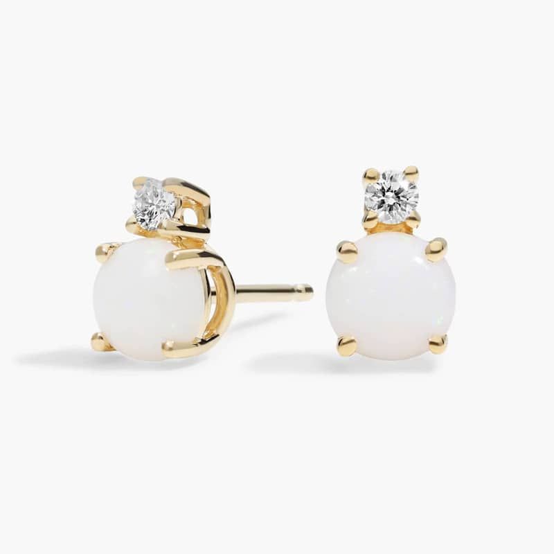 Opal Stud Earrings with Diamond Accent in 14K Yellow Gold