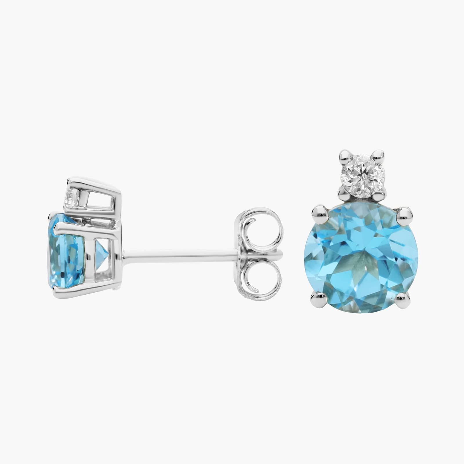 Blue Topaz Stud Earrings with Diamond Accent in 14K White Gold