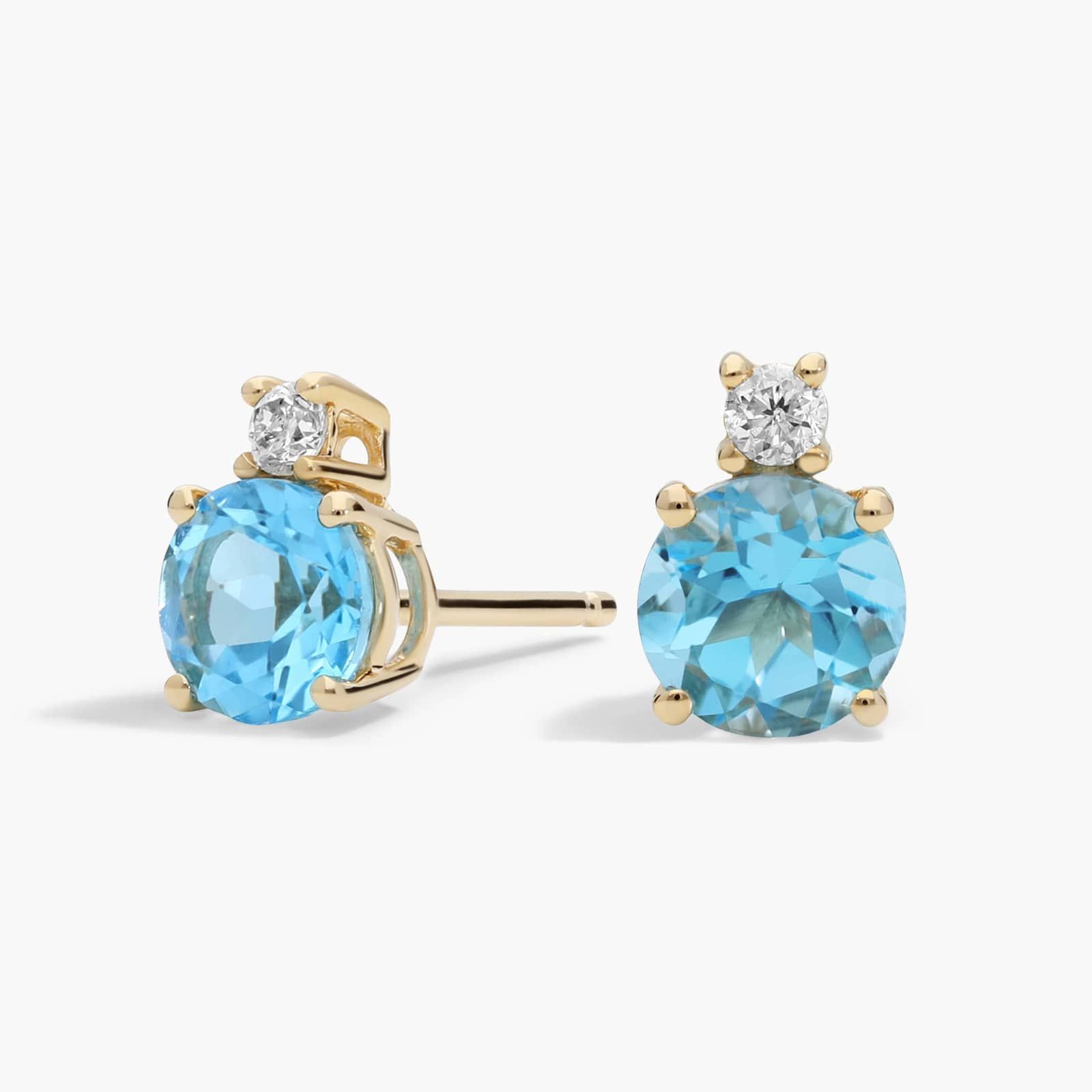 Blue Topaz Stud Earrings with Diamond Accent in 14K Yellow Gold
