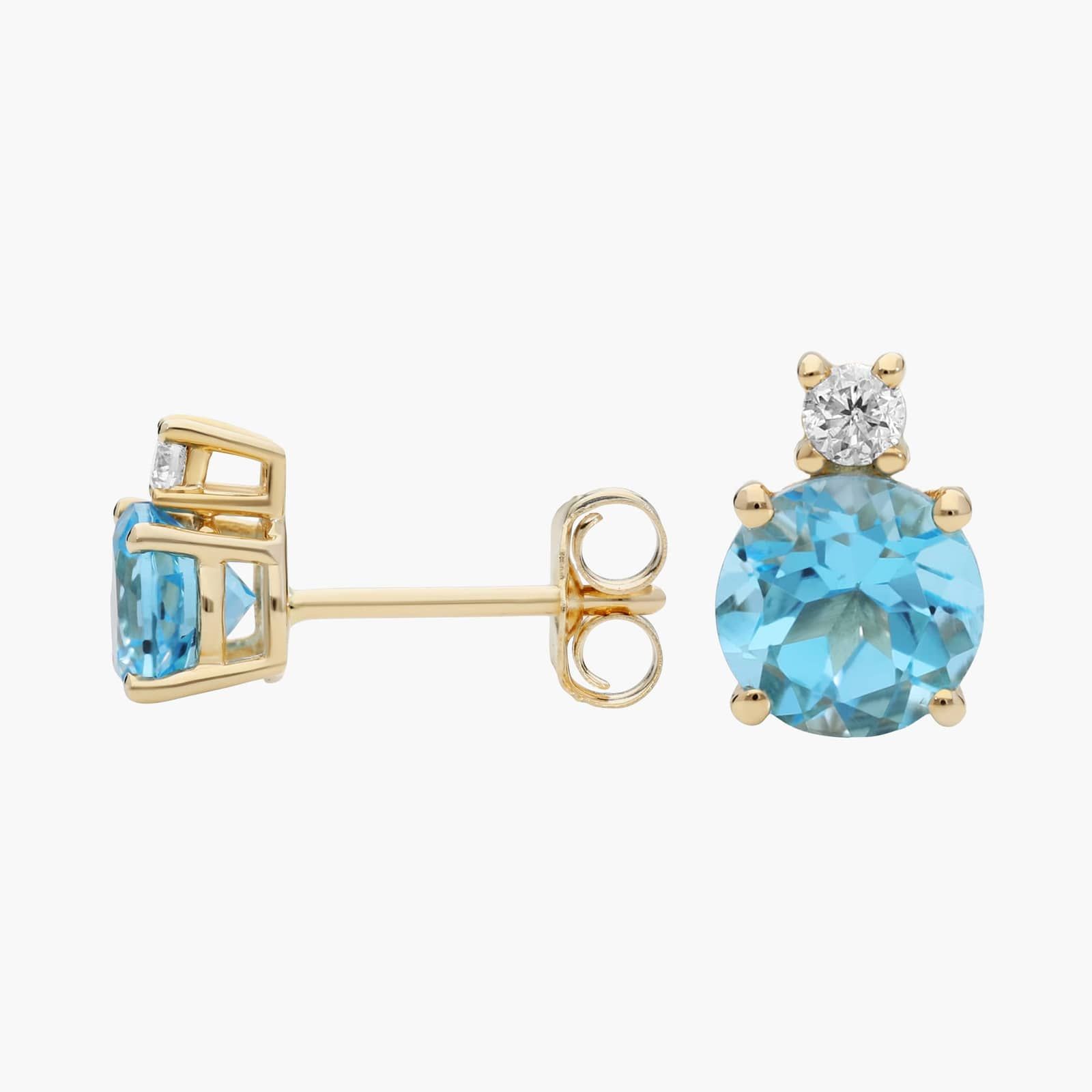 Blue Topaz Stud Earrings with Diamond Accent in 14K Yellow Gold