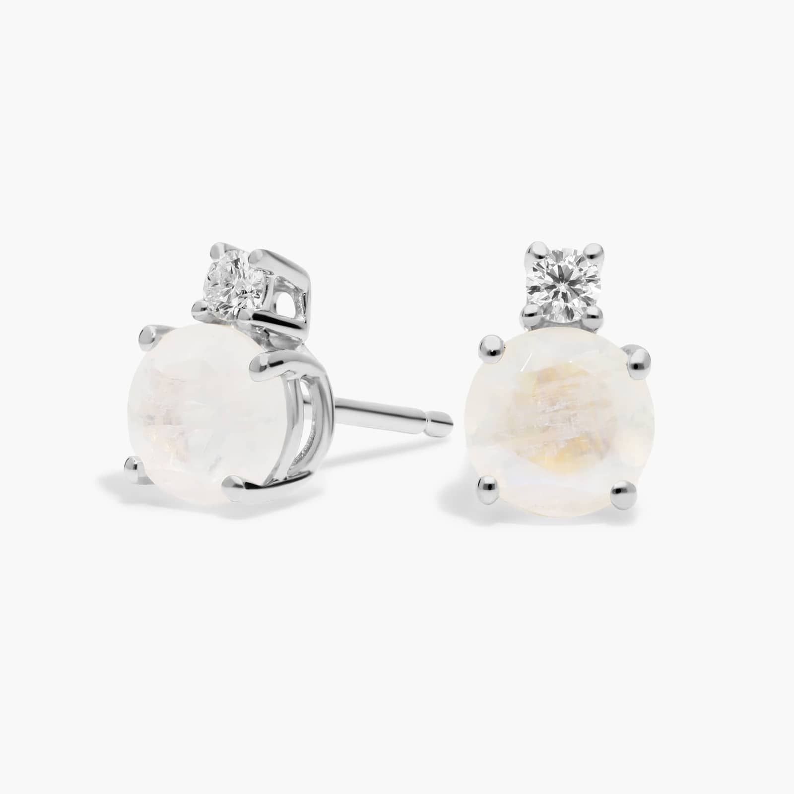 Rainbow Moonstone Stud Earrings with Diamond Accent in 14K White Gold