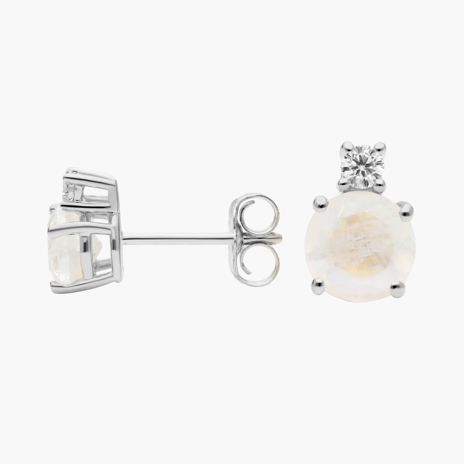 Rainbow Moonstone Stud Earrings with Diamond Accent in 14K White Gold