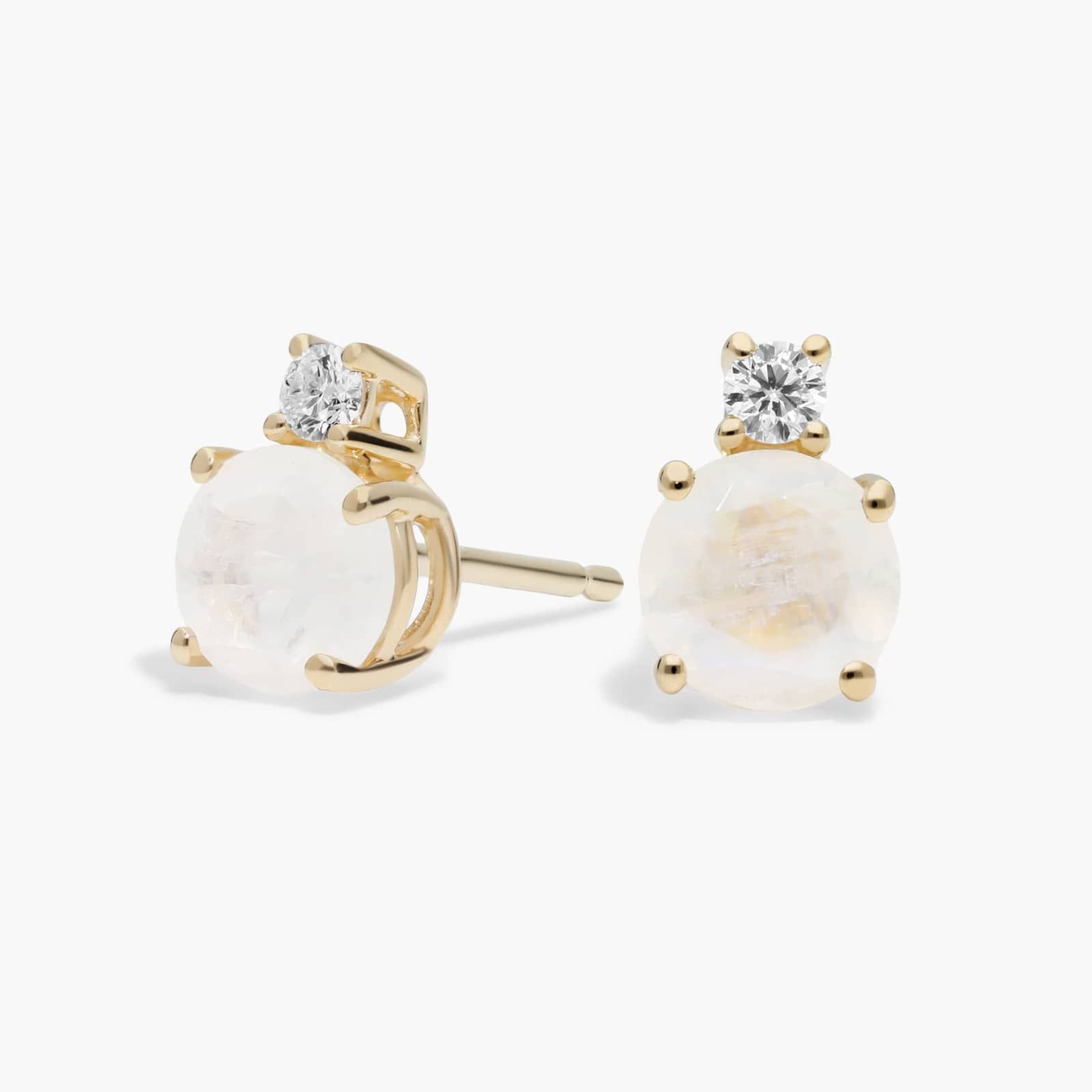 Rainbow Moonstone Stud Earrings with Diamond Accent in 14K Yellow Gold