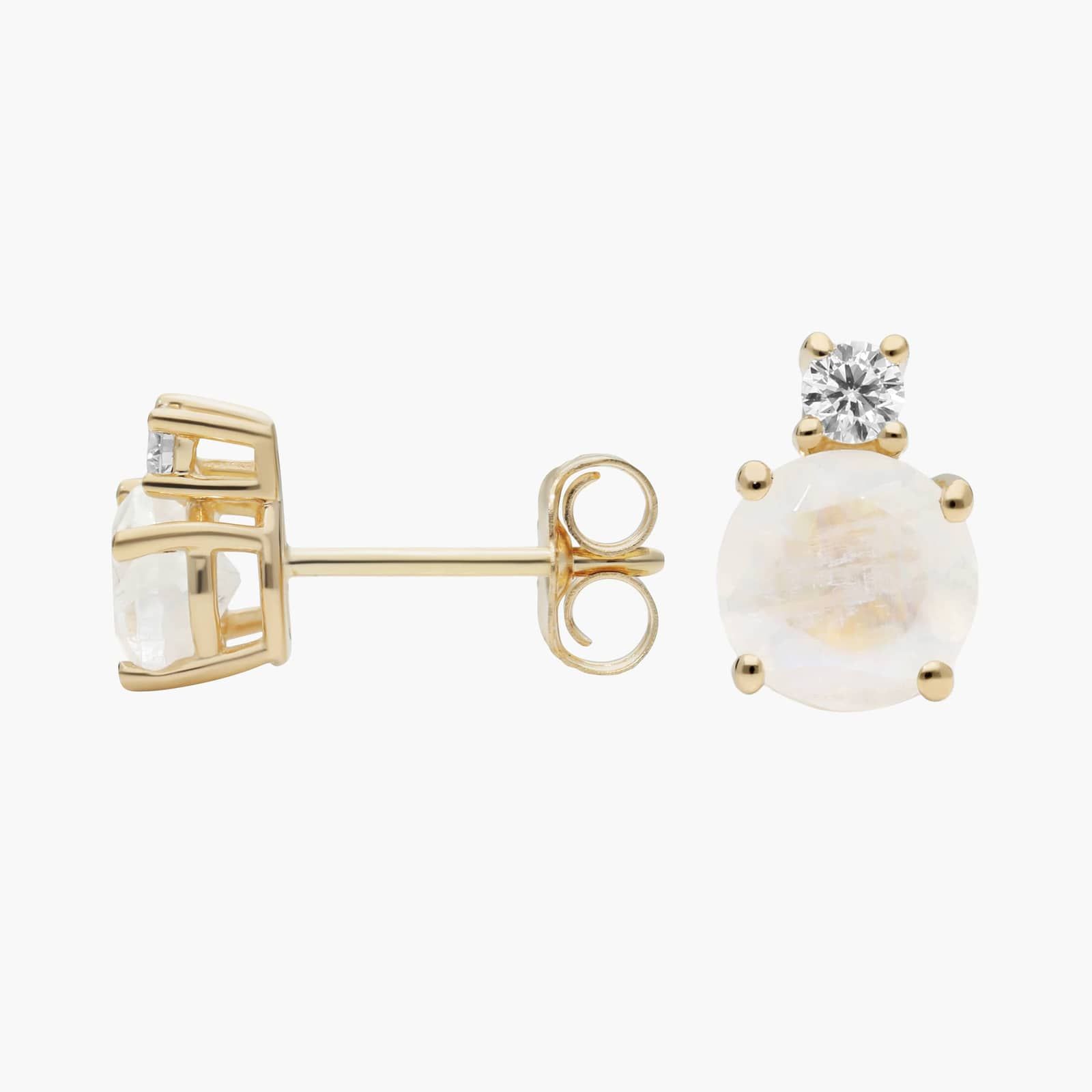 Rainbow Moonstone Stud Earrings with Diamond Accent in 14K Yellow Gold