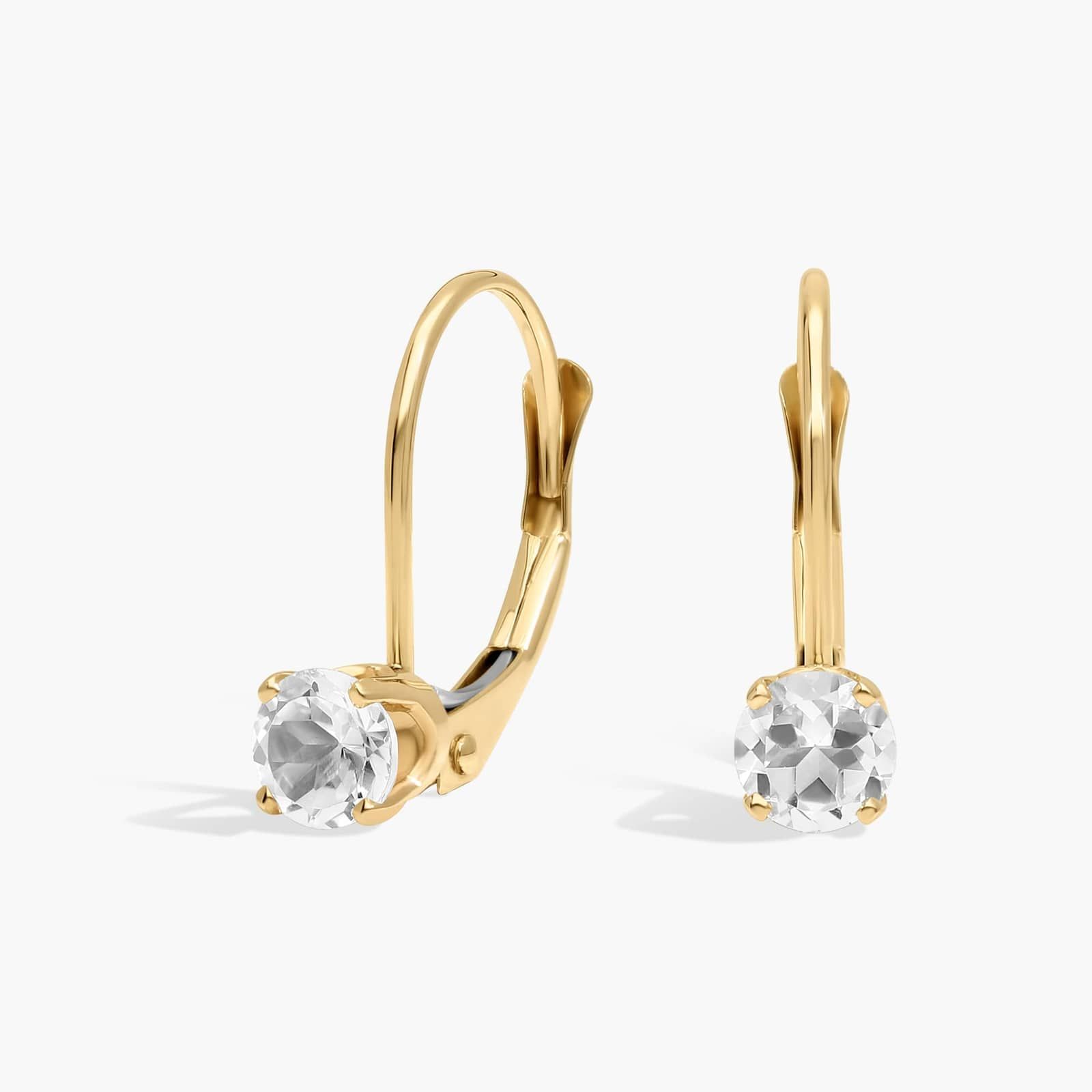 White Topaz Leverback Earrings in 14K Yellow Gold