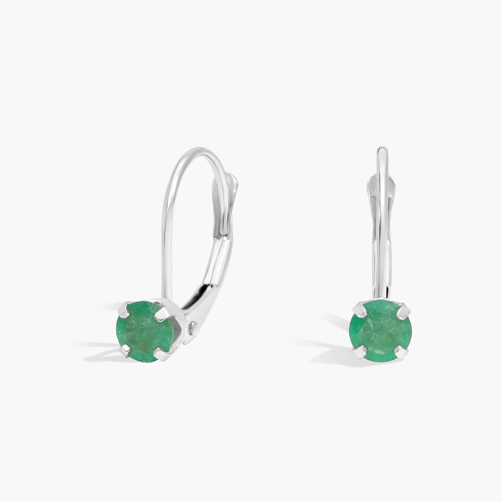 Emerald Leverback Earrings in 14K White Gold
