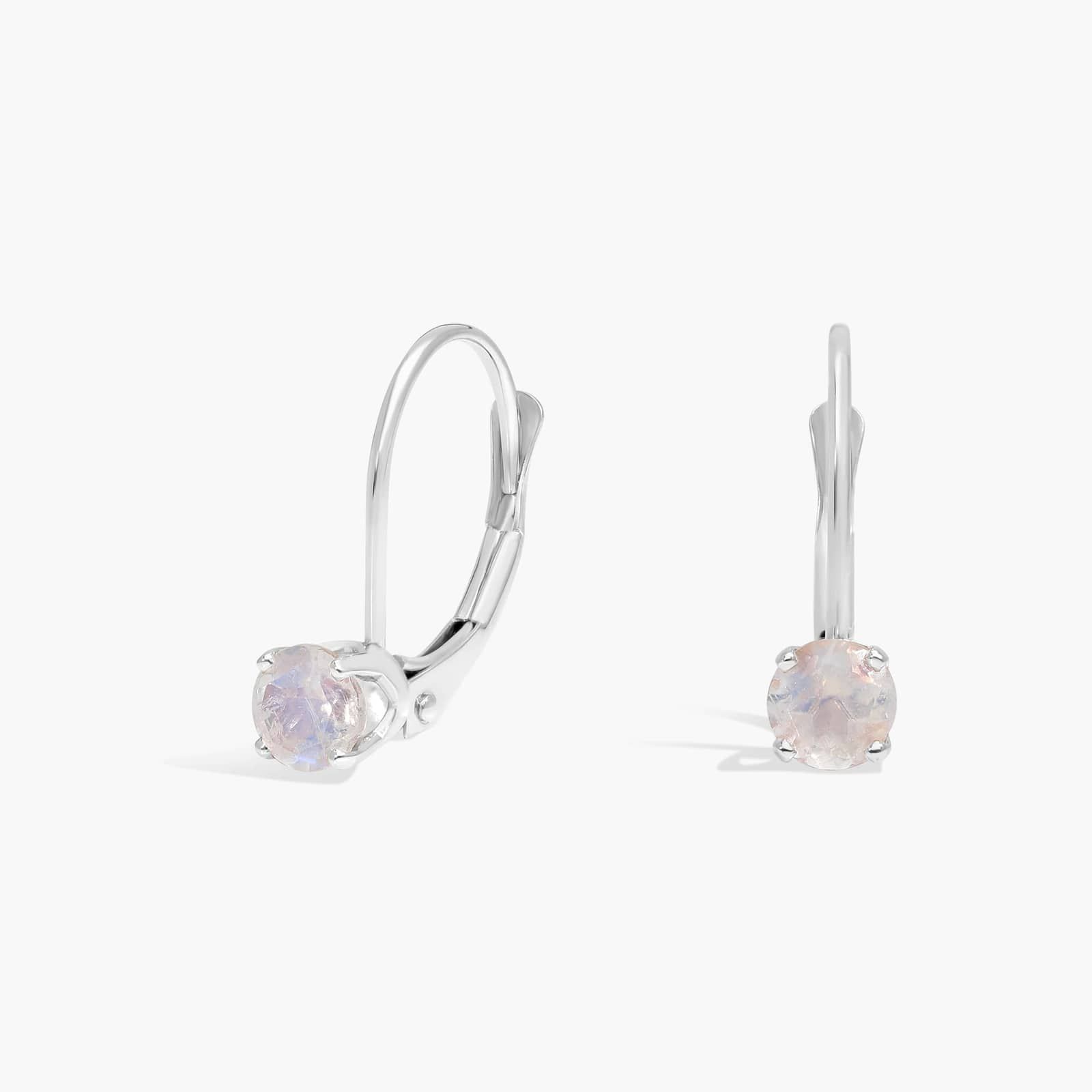 Rainbow Moonstone Leverback Earrings in 14K White Gold