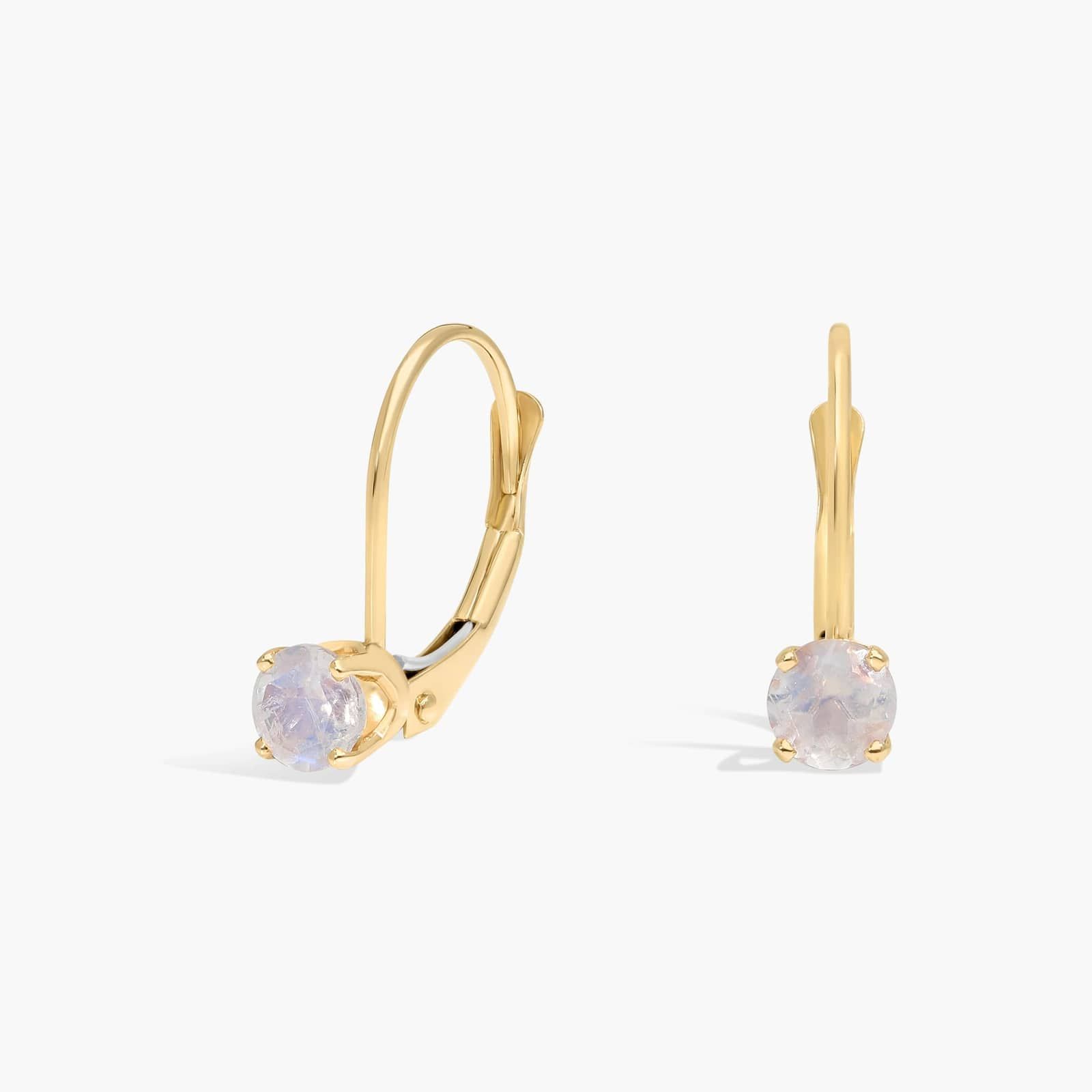 Rainbow Moonstone Leverback Earrings in 14K Yellow Gold