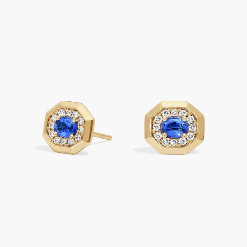 Oval Cut Blue Sapphire and Pavé Diamond Stud Earrings In 14K Yellow Gold