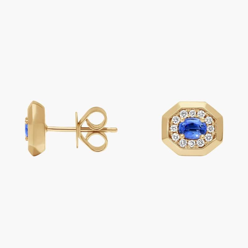 Oval Cut Blue Sapphire and Pavé Diamond Stud Earrings In 14K Yellow Gold