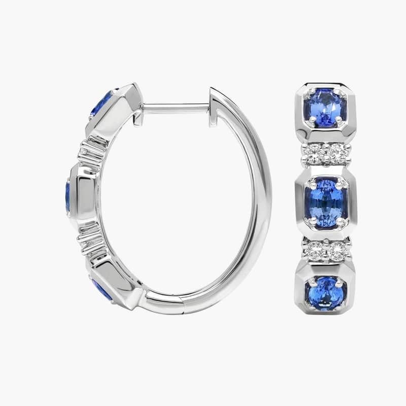 Oval Cut Blue Sapphire and Diamond Hoop Earrings In 14K White Gold