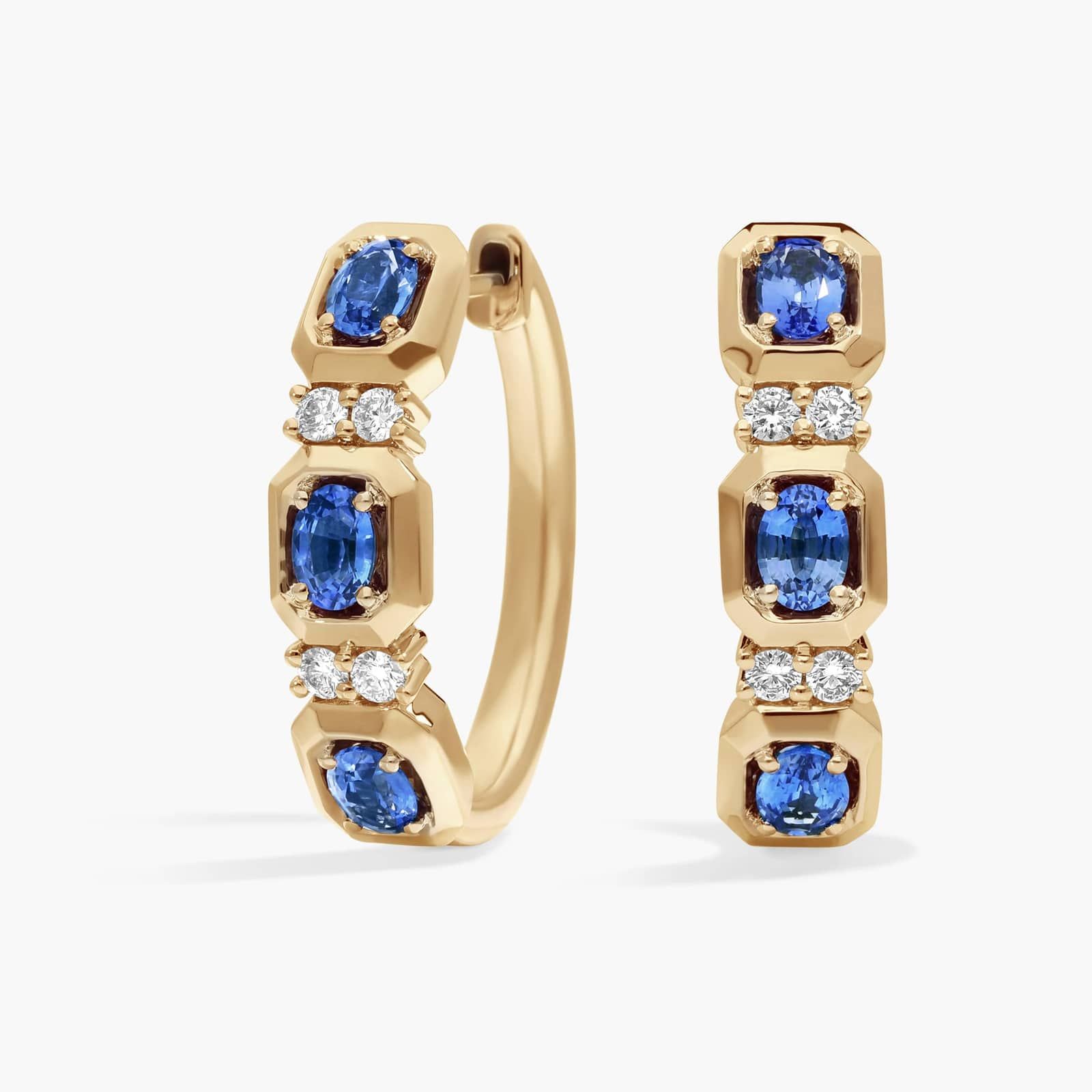 Oval Cut Blue Sapphire and Diamond Hoop Earrings In 14K Yellow Gold