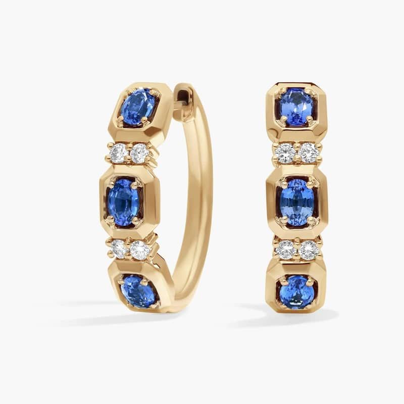 Oval Cut Blue Sapphire and Diamond Hoop Earrings In 14K Yellow Gold
