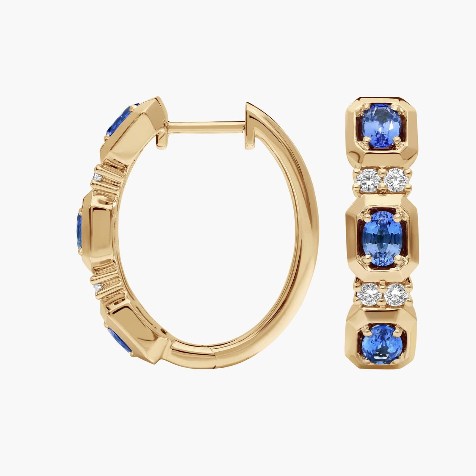 Oval Cut Blue Sapphire and Diamond Hoop Earrings In 14K Yellow Gold
