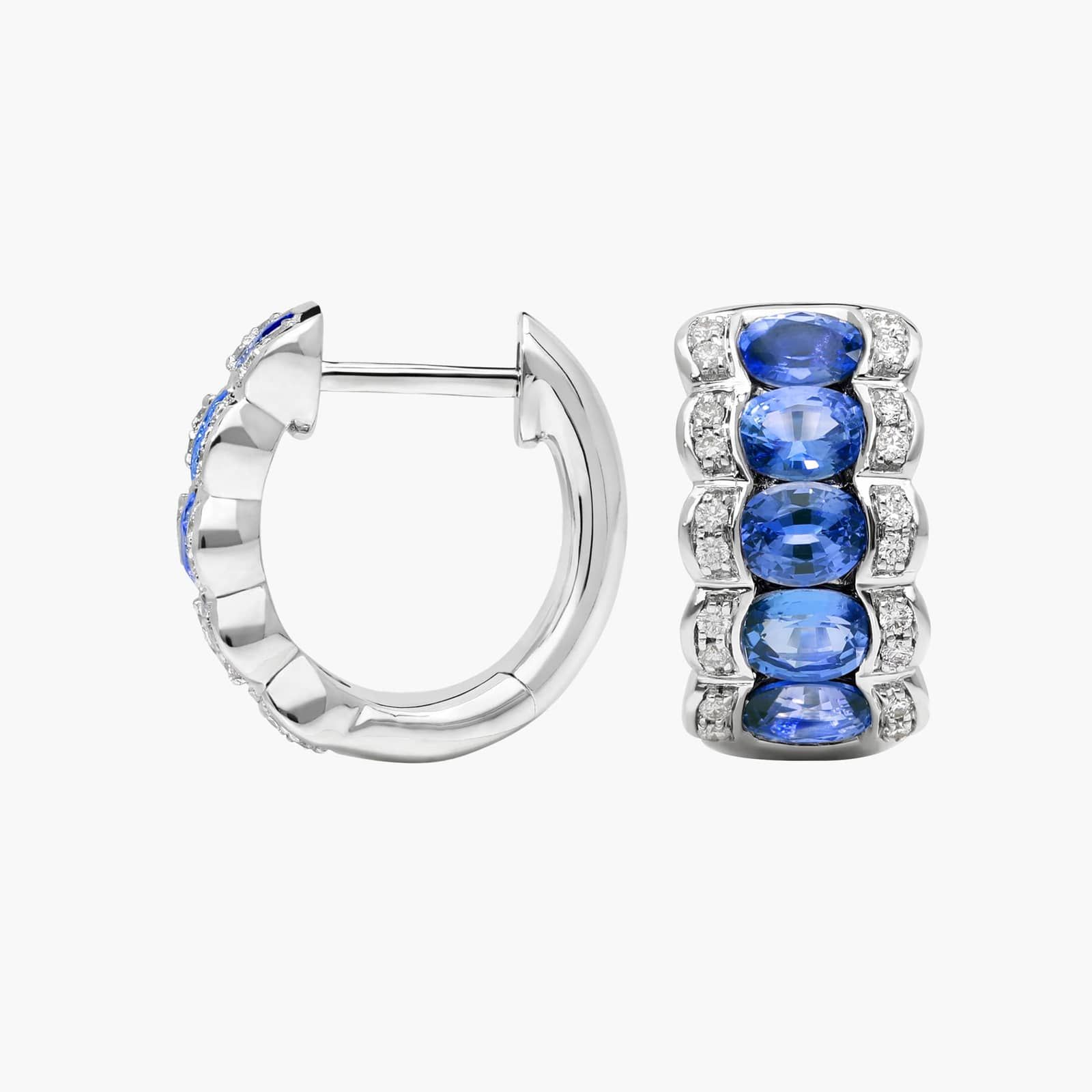East-West Oval Cut Blue Sapphire and Pavé Diamond Hoop Earrings In 14K White Gold