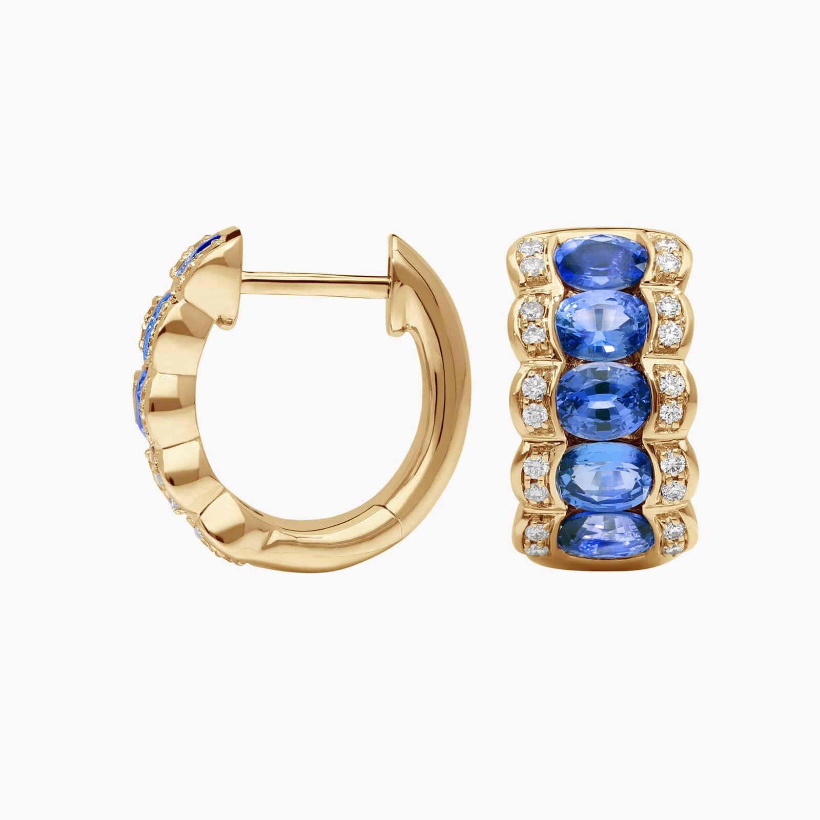 East-West Oval Cut Blue Sapphire and Pavé Diamond Hoop Earrings In 14K Yellow Gold