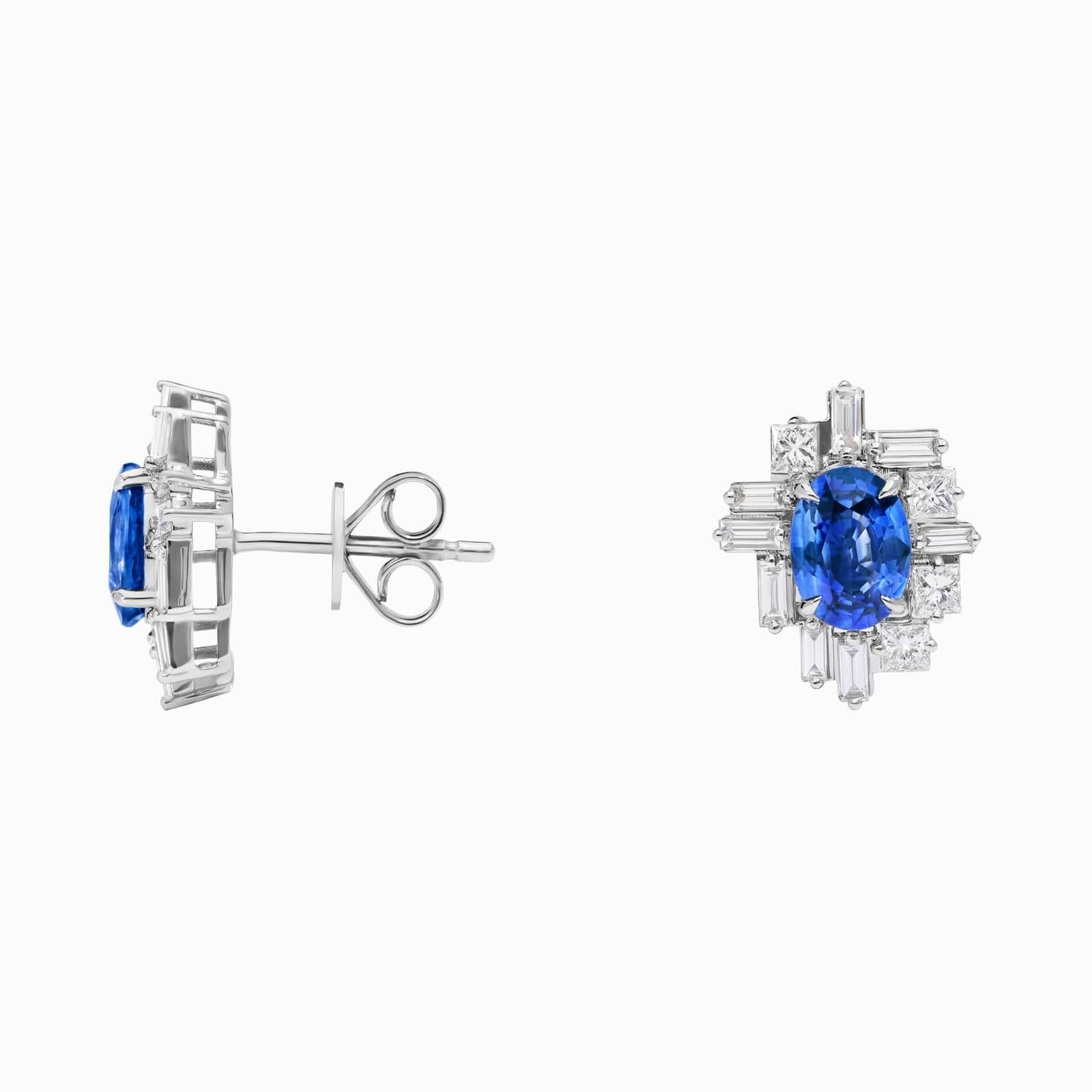 Baguette Cut Blue Sapphire And Diamond Cluster Stud Earrings In 14K White Gold