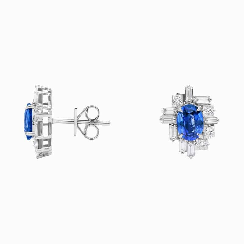Baguette Cut Blue Sapphire And Diamond Cluster Stud Earrings In 14K White Gold