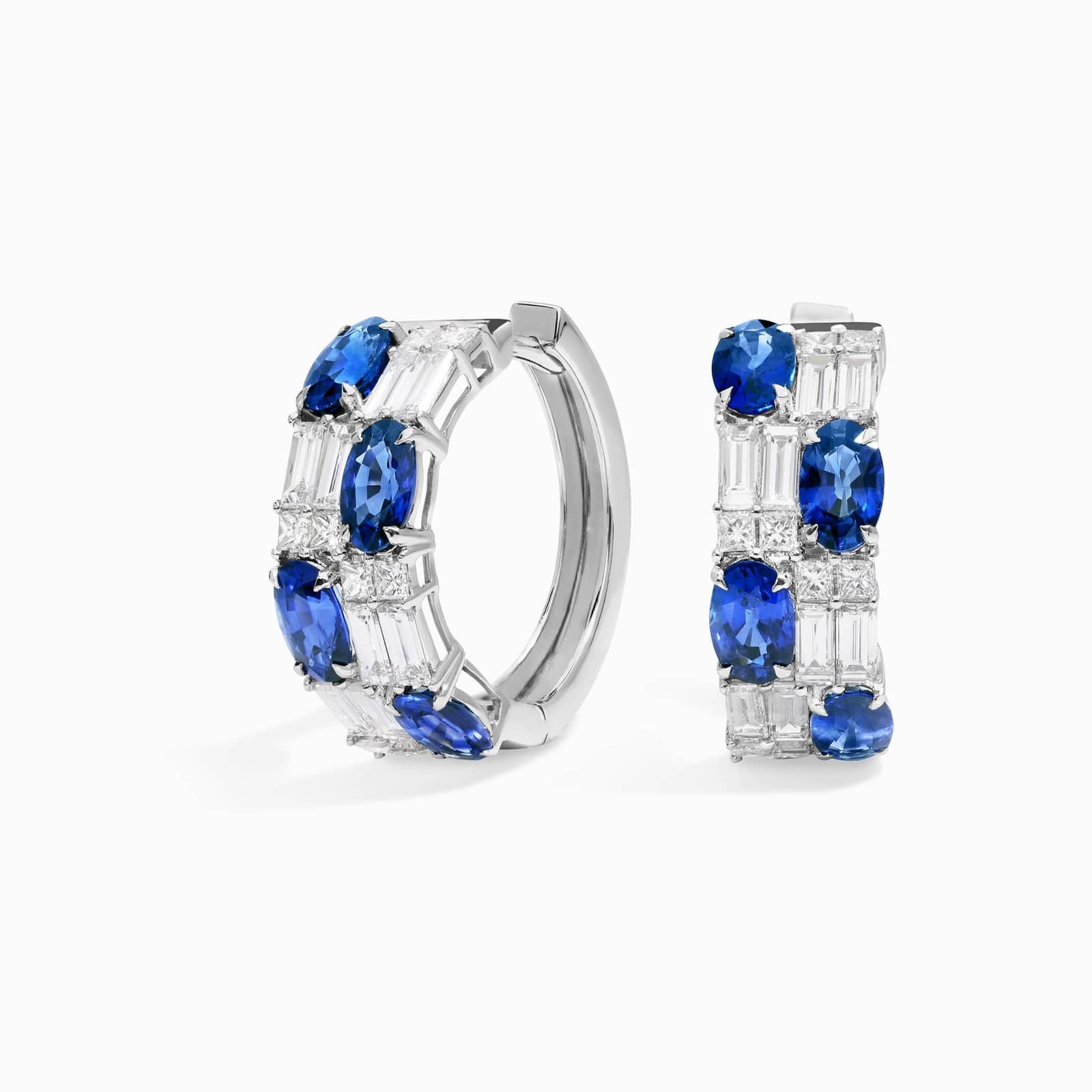Baguette Cut Blue Sapphire And Diamond Cluster Hoop Earrings In 14K White Gold