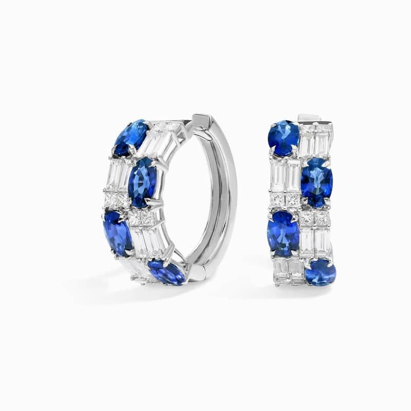 Baguette Cut Blue Sapphire And Diamond Cluster Hoop Earrings In 14K White Gold
