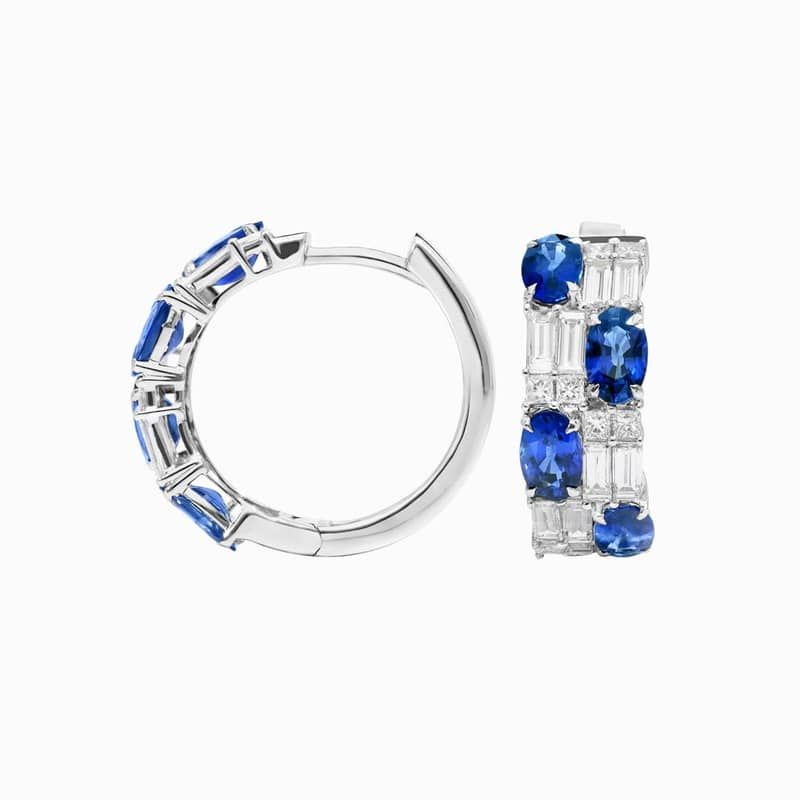 Baguette Cut Blue Sapphire And Diamond Cluster Hoop Earrings In 14K White Gold