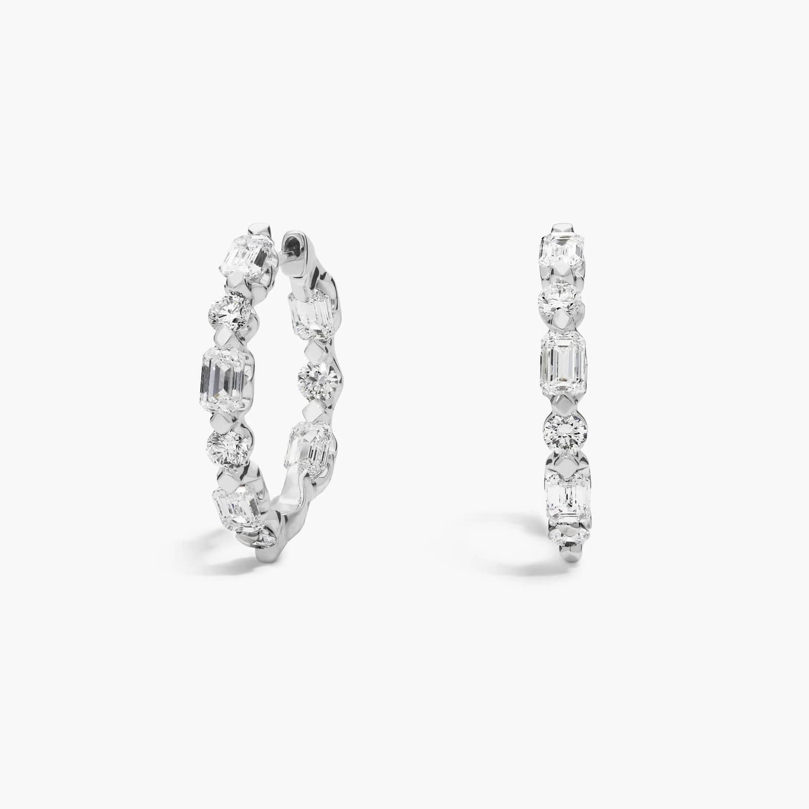 Diamond Hoop Earrings with 2.5 CTW Emerald and Round Cut Lab-Grown Diamonds in 14K White Gold