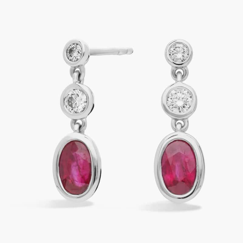 Ruby and Diamond Drop Earrings with 0.25 CTW Round Cut Diamonds in 14K White Gold Bezel Setting