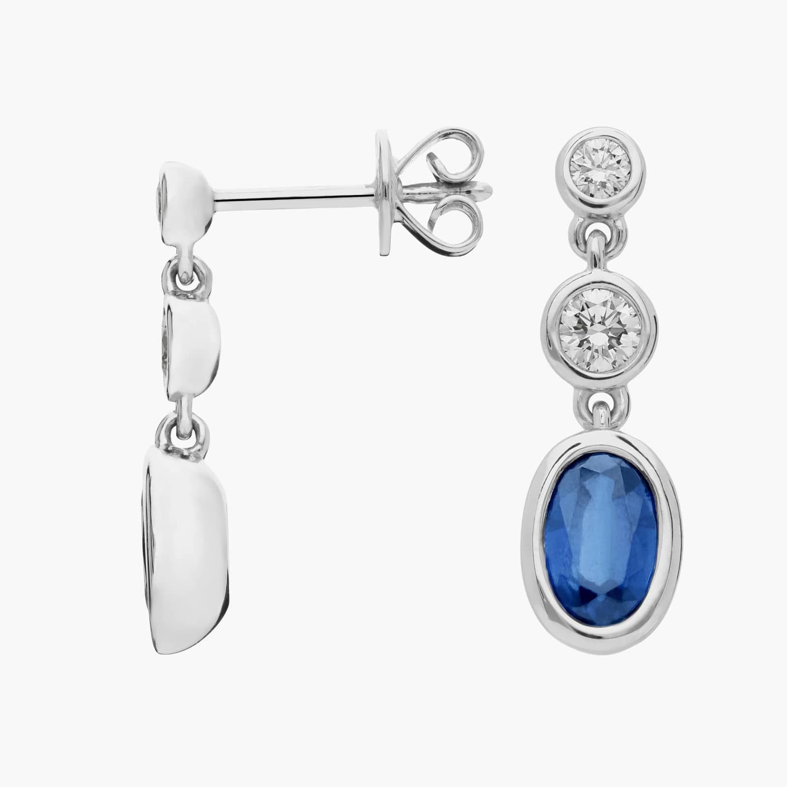 Blue Sapphire and Diamond Drop Earrings with 0.25 CTW Round Cut Diamonds in 14K White Gold Bezel Setting