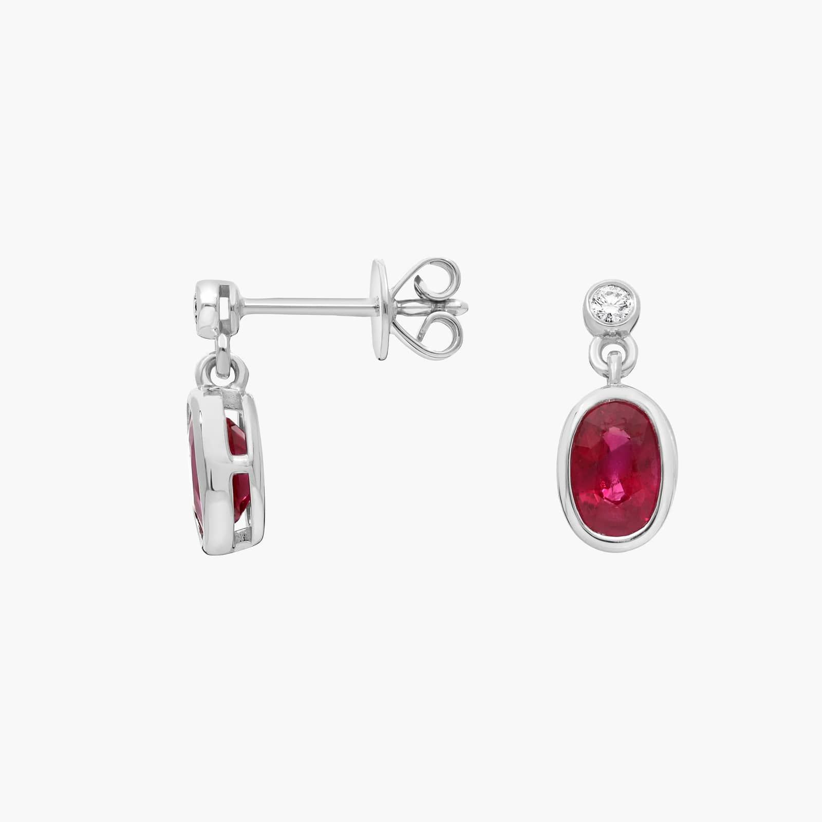 Ruby and Diamond Single Drop Earrings in 14K White Gold Bezel Setting
