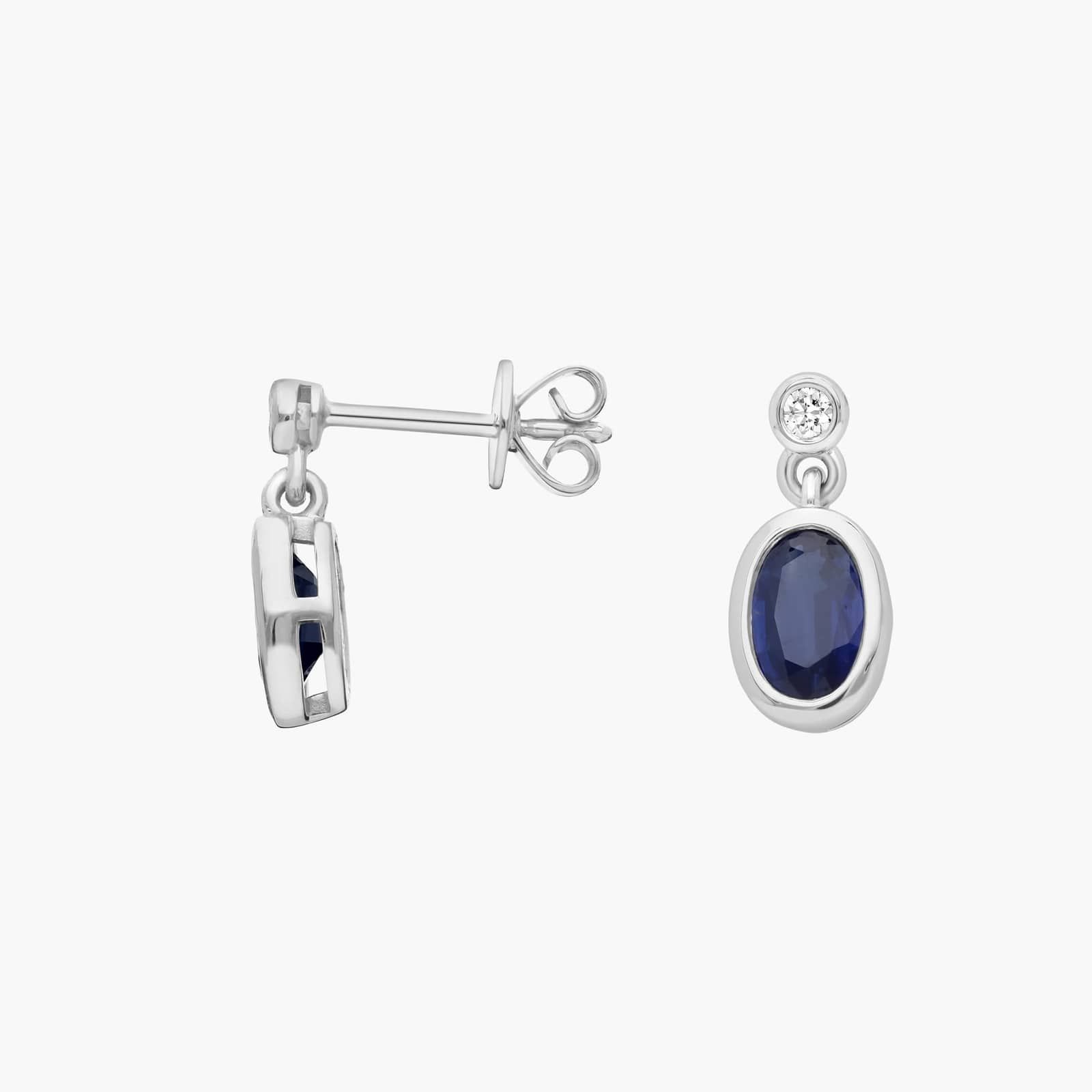 Blue Sapphire and Diamond Single Drop Earrings in 14K White Gold Bezel Setting